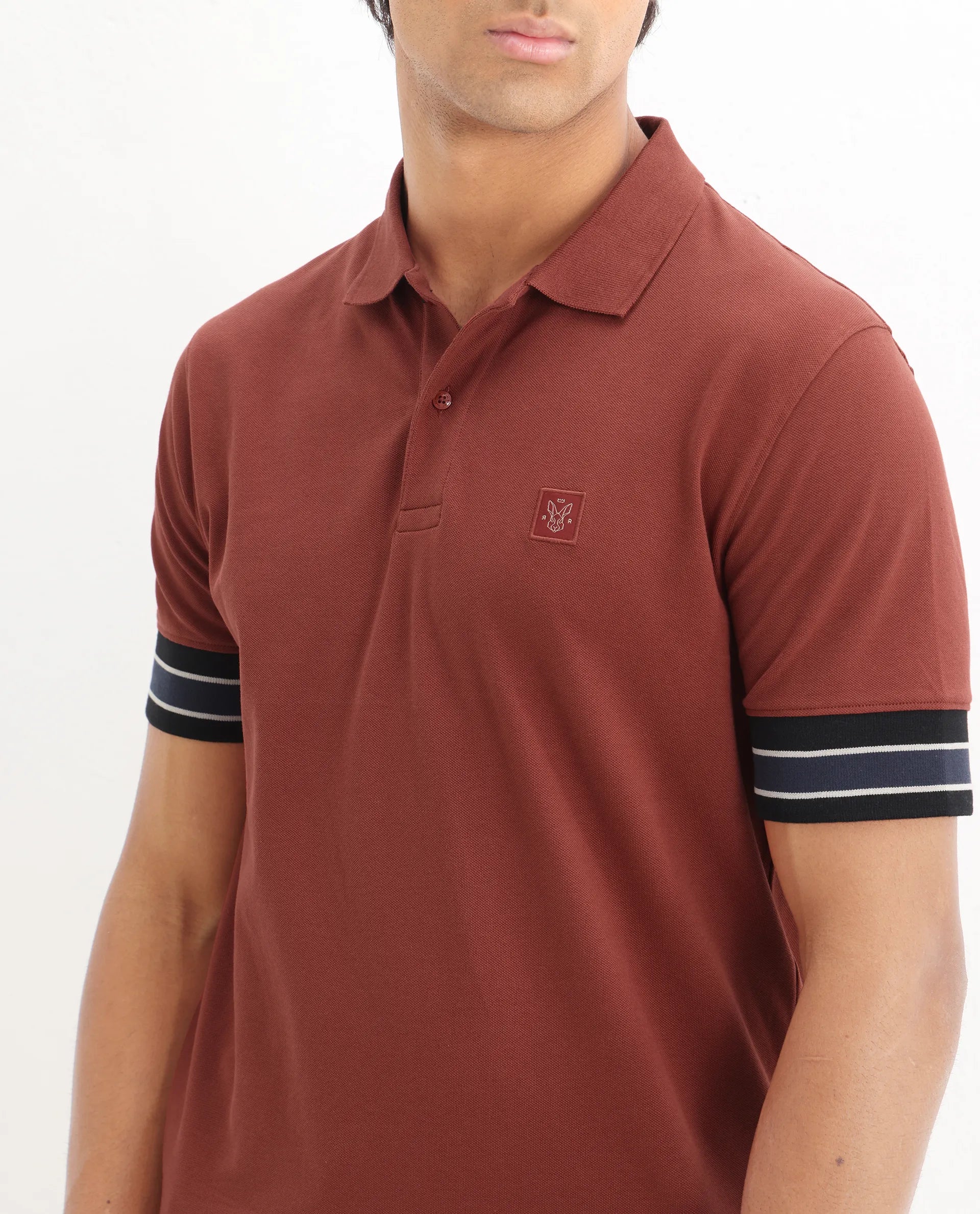 Rare Rabbit Men's Tao Red Cotton Plain Regular Fit Half Sleeve Polo