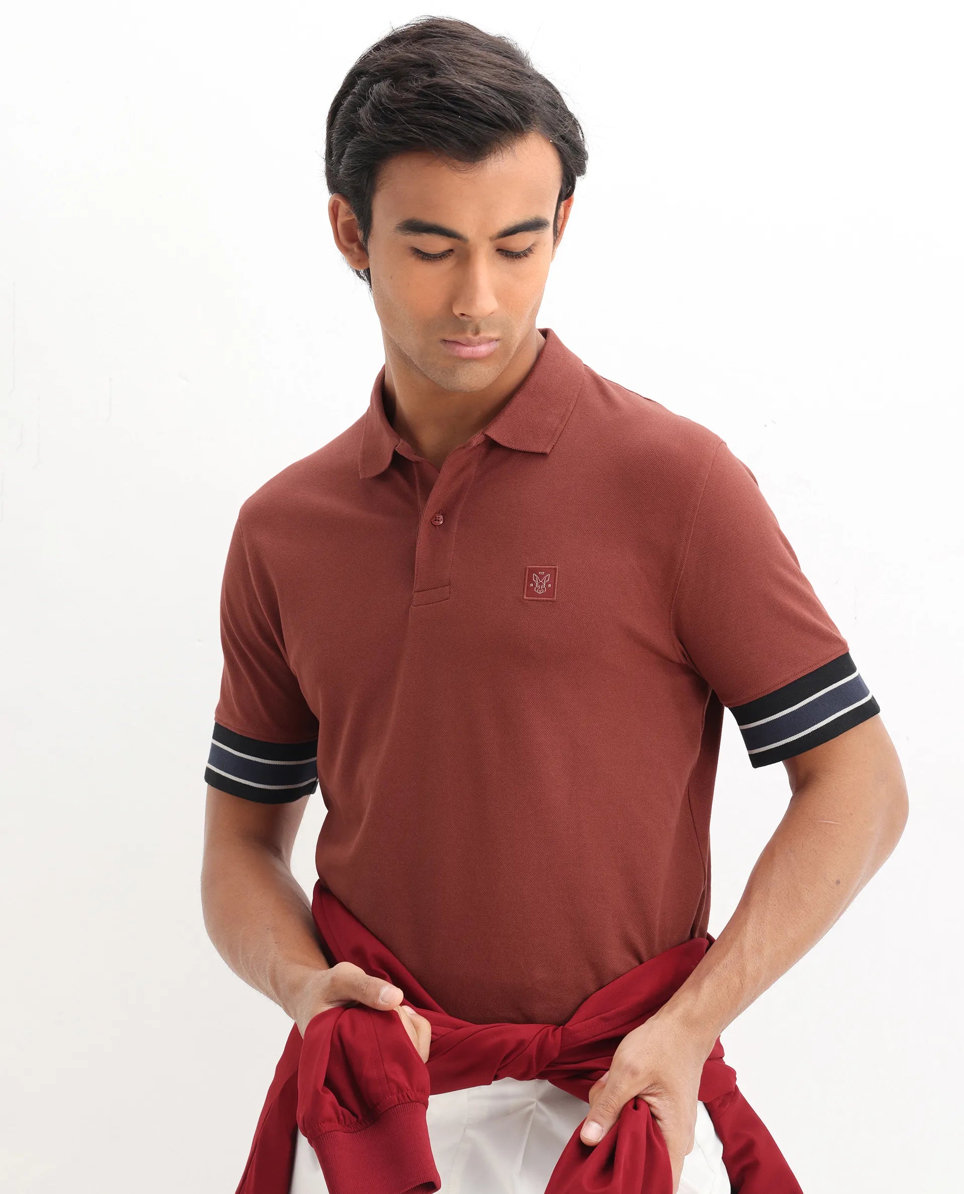 Rare Rabbit Men's Tao Red Cotton Plain Regular Fit Half Sleeve Polo