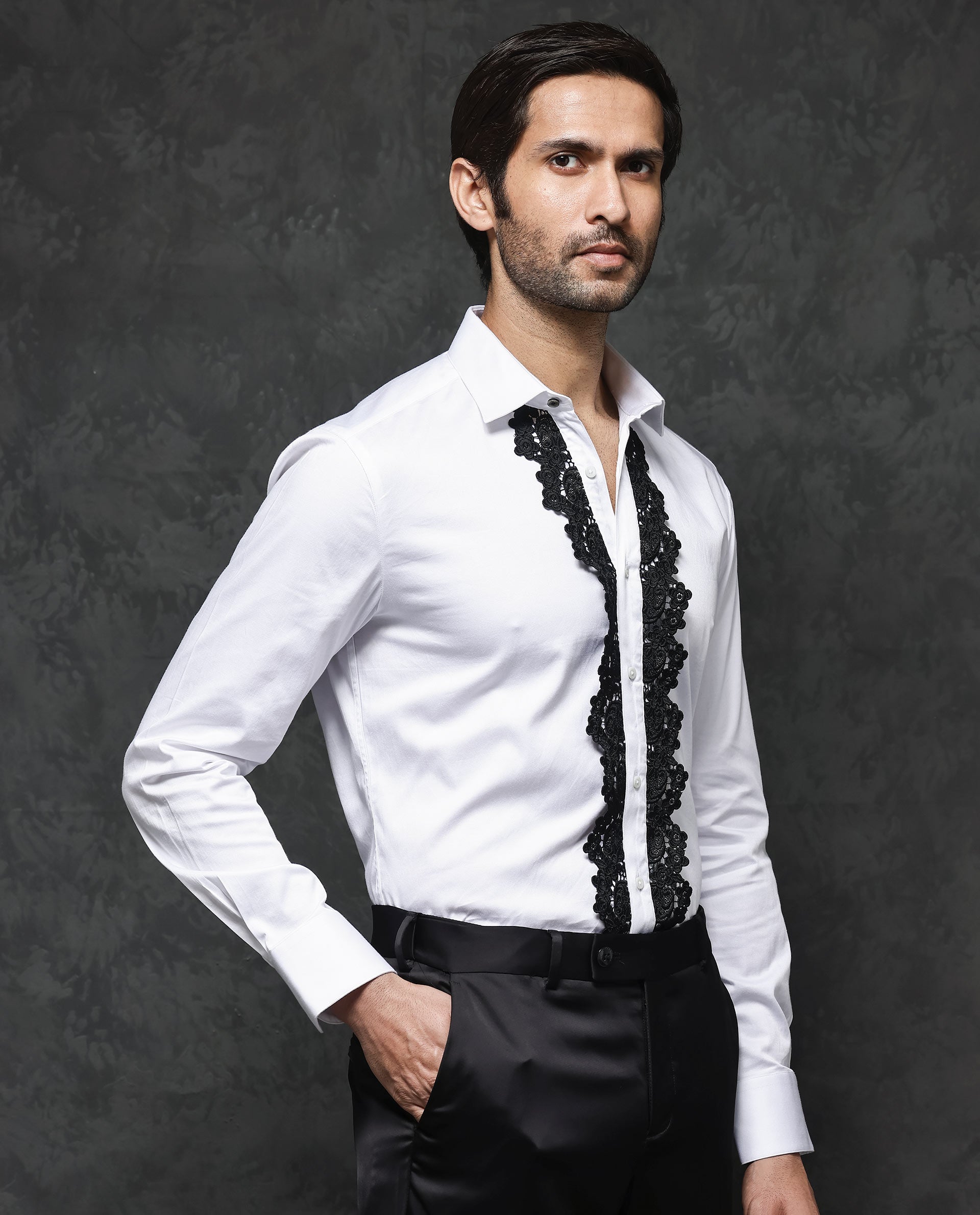 Rare Rabbit Men's Tapeon White Collared Neck Solid Lace Embellished Regular Fit Shirt