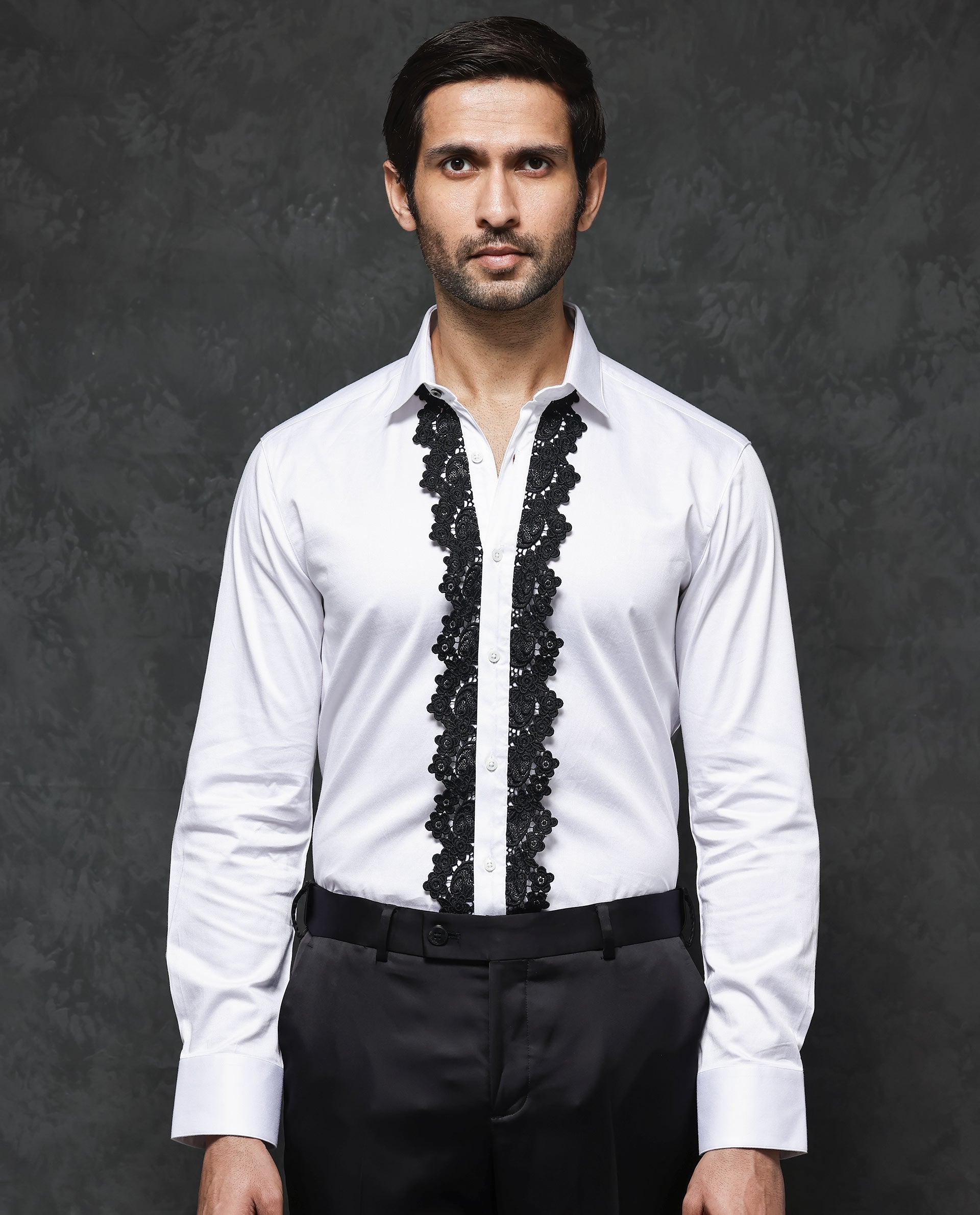 Rare Rabbit Men's Tapeon White Collared Neck Solid Lace Embellished Regular Fit Shirt