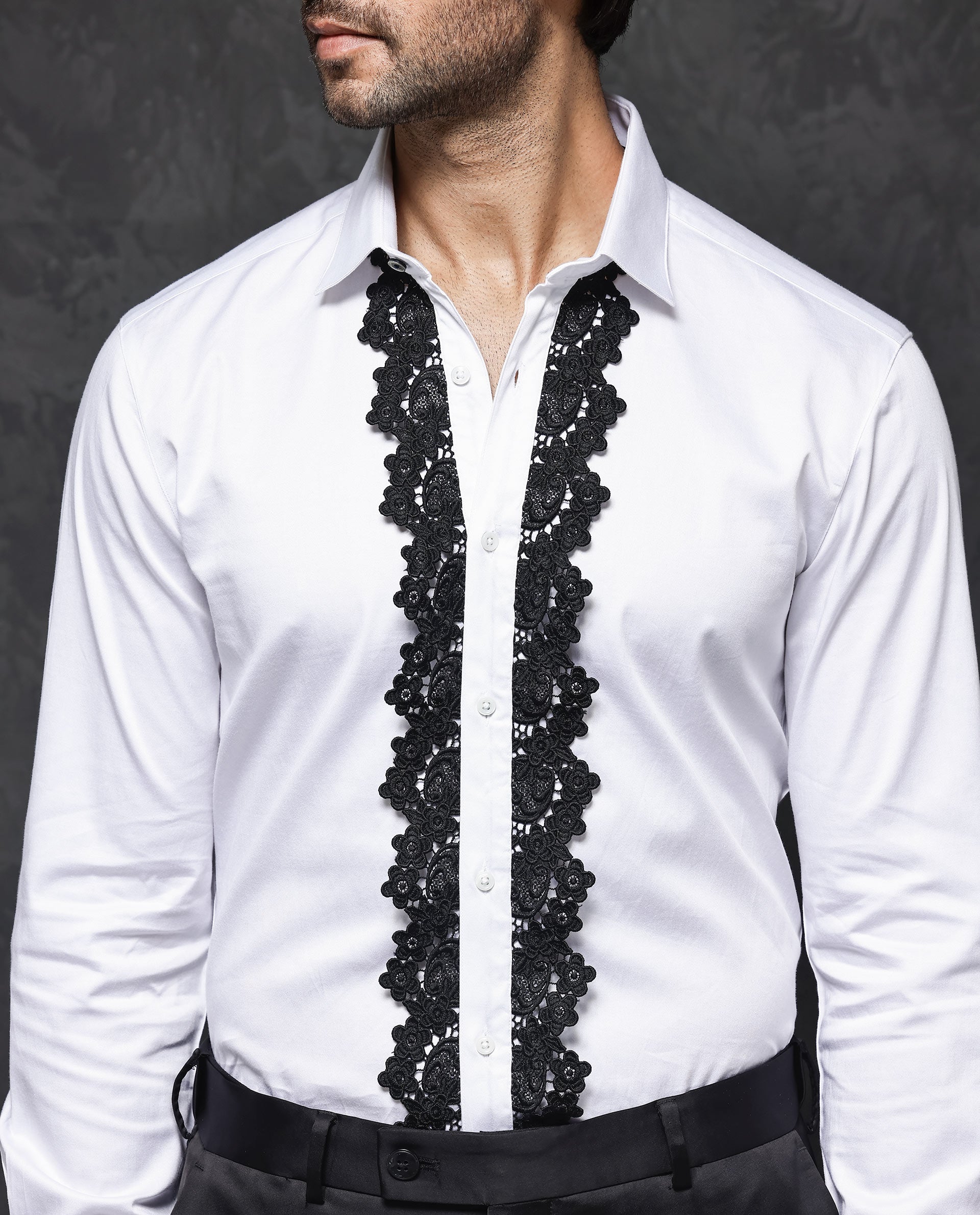 Rare Rabbit Men's Tapeon White Collared Neck Solid Lace Embellished Regular Fit Shirt