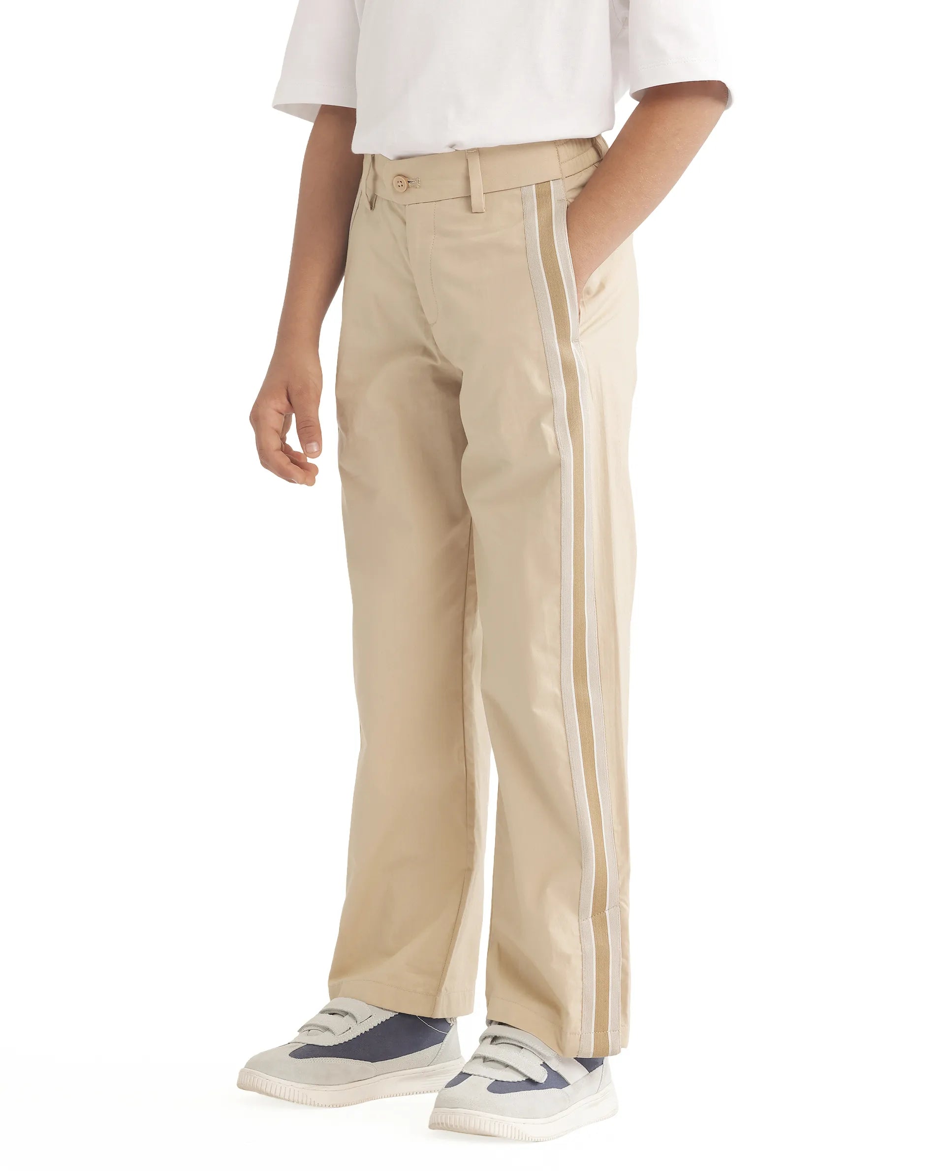 Rare Ones Kids Taper-B Beige Button & Zip Closure Regular Fit Tape Detailed Cotton Trouser