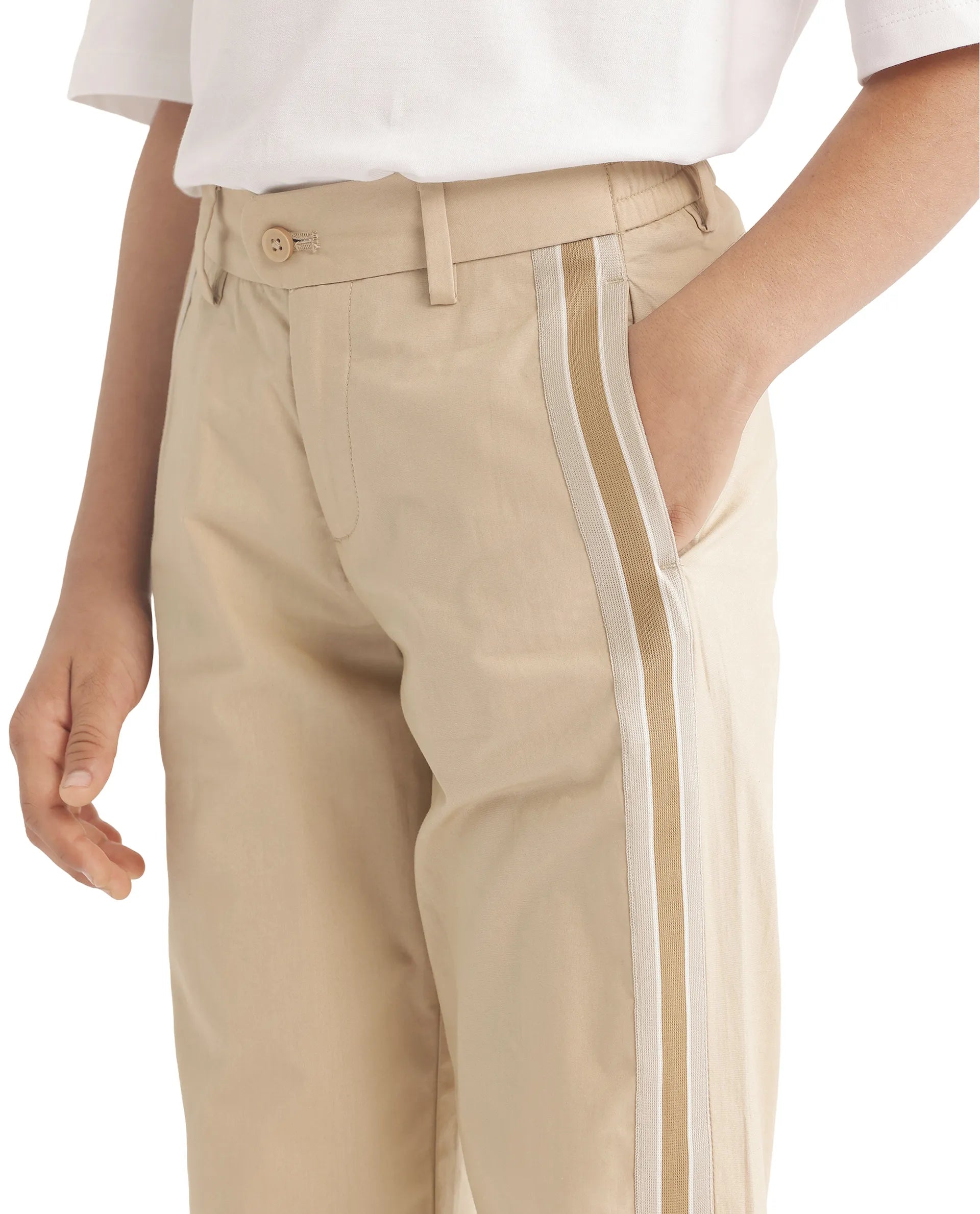 Rare Ones Kids Taper-B Beige Button & Zip Closure Regular Fit Tape Detailed Cotton Trouser