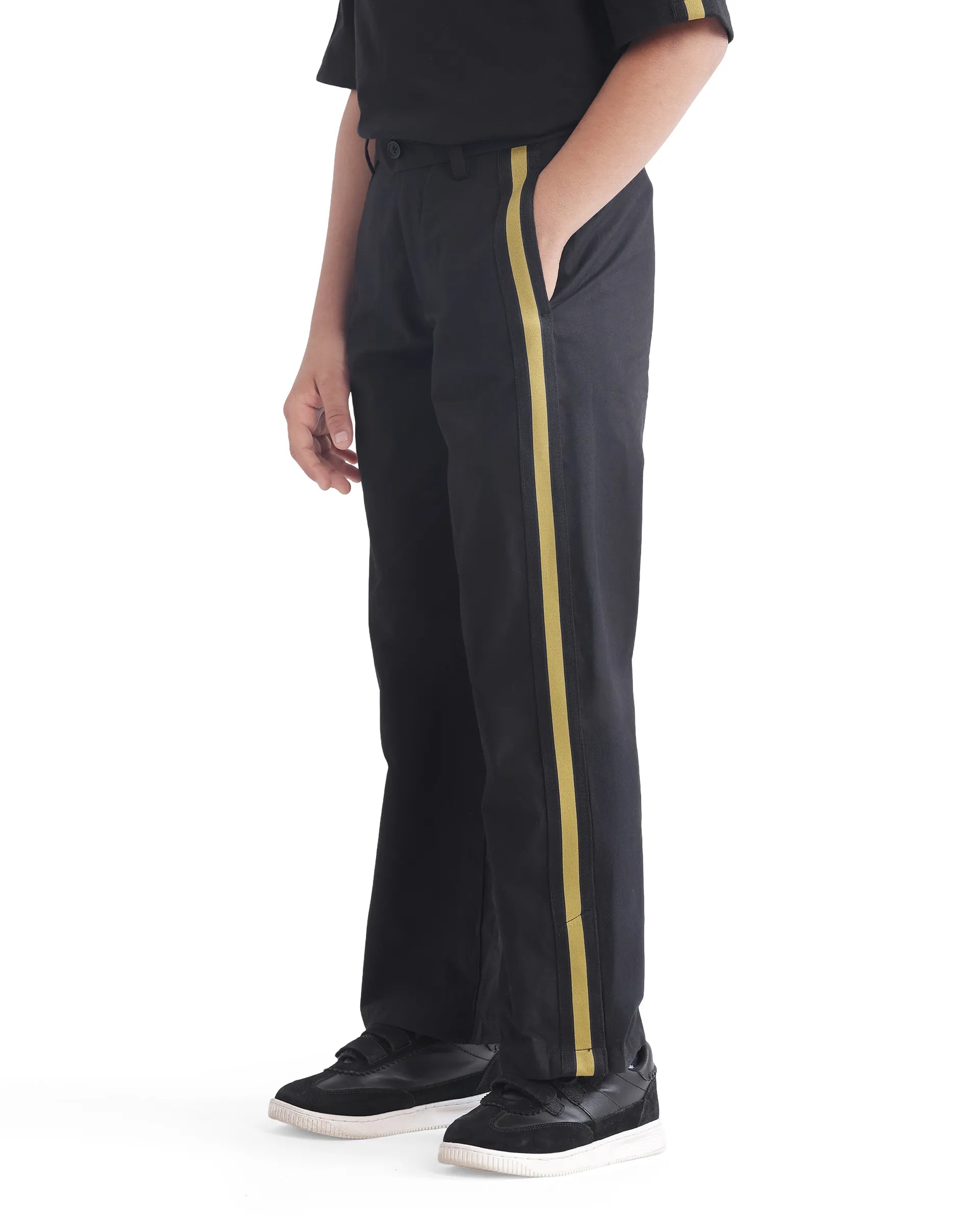 Rare Ones Kids Taper-B Black Tape Detailed Button And Zip Closure Regular Fit Cotton Trouser