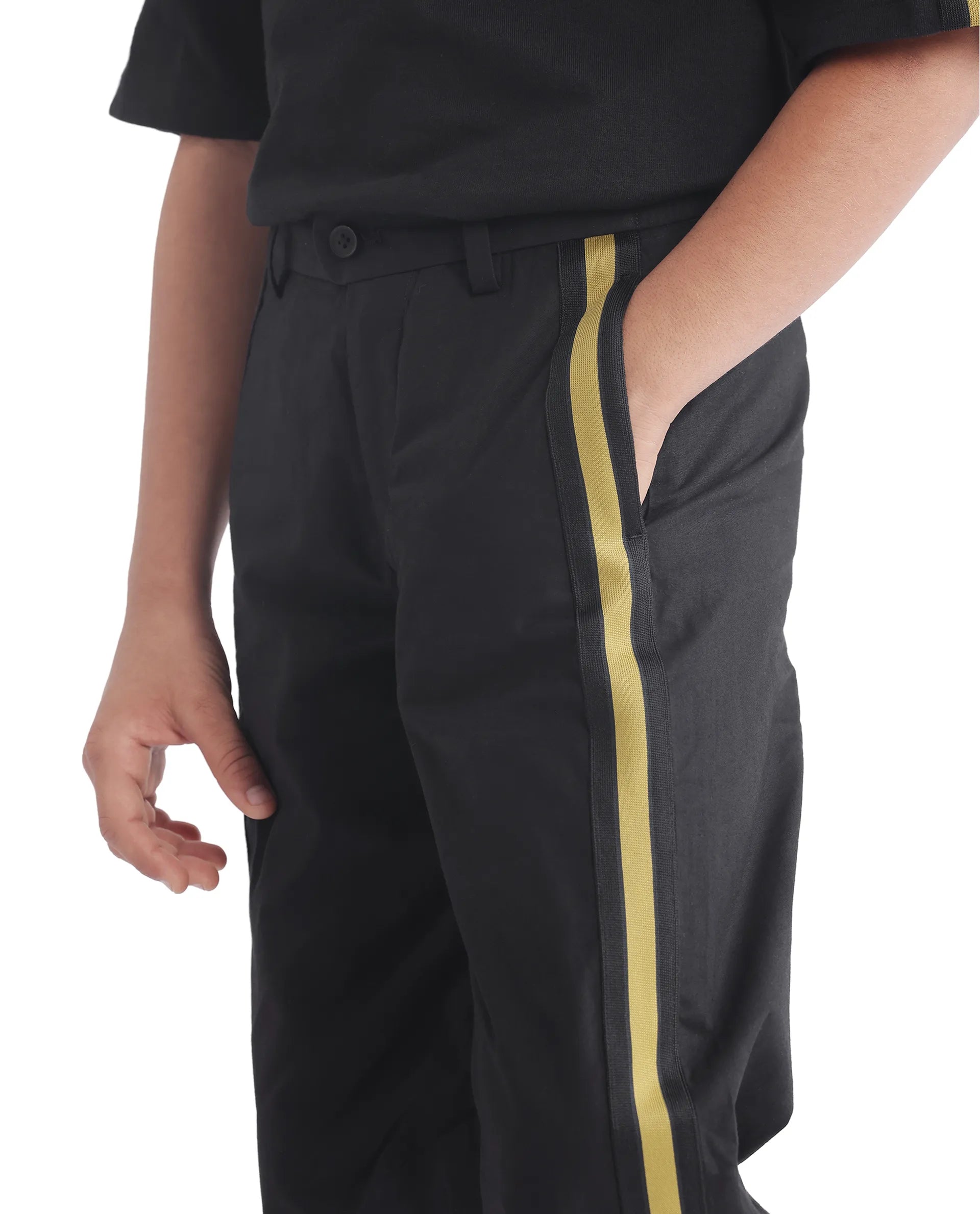 Rare Ones Kids Taper-B Black Tape Detailed Button And Zip Closure Regular Fit Cotton Trouser