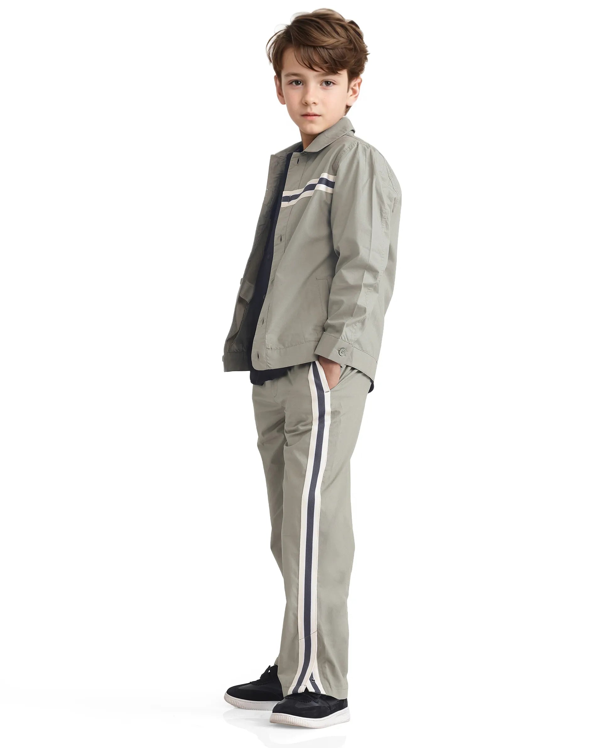 Rare Ones Kids Taper-B Olive Tape Detailed Button And Zip Closure Regular Fit Cotton Trouser