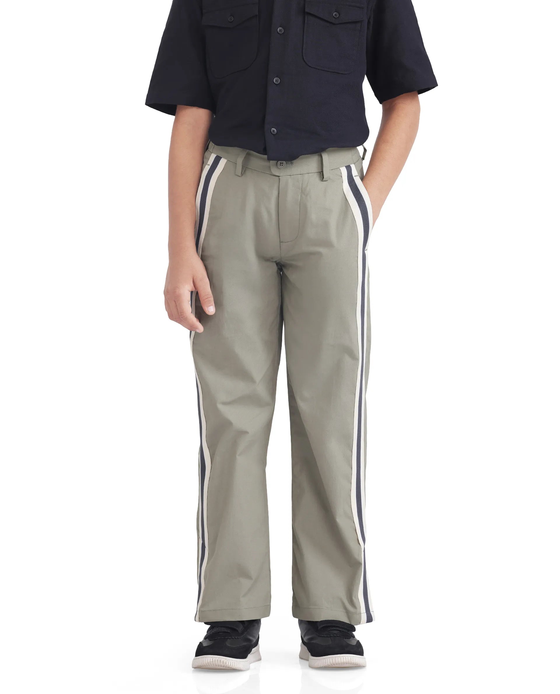 Rare Ones Kids Taper-B Olive Tape Detailed Button And Zip Closure Regular Fit Cotton Trouser