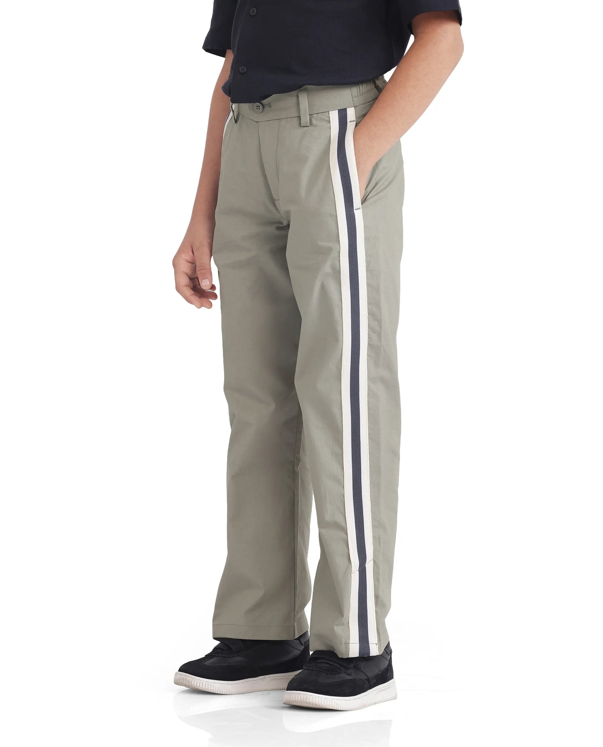 Rare Ones Kids Taper-B Olive Tape Detailed Button And Zip Closure Regular Fit Cotton Trouser