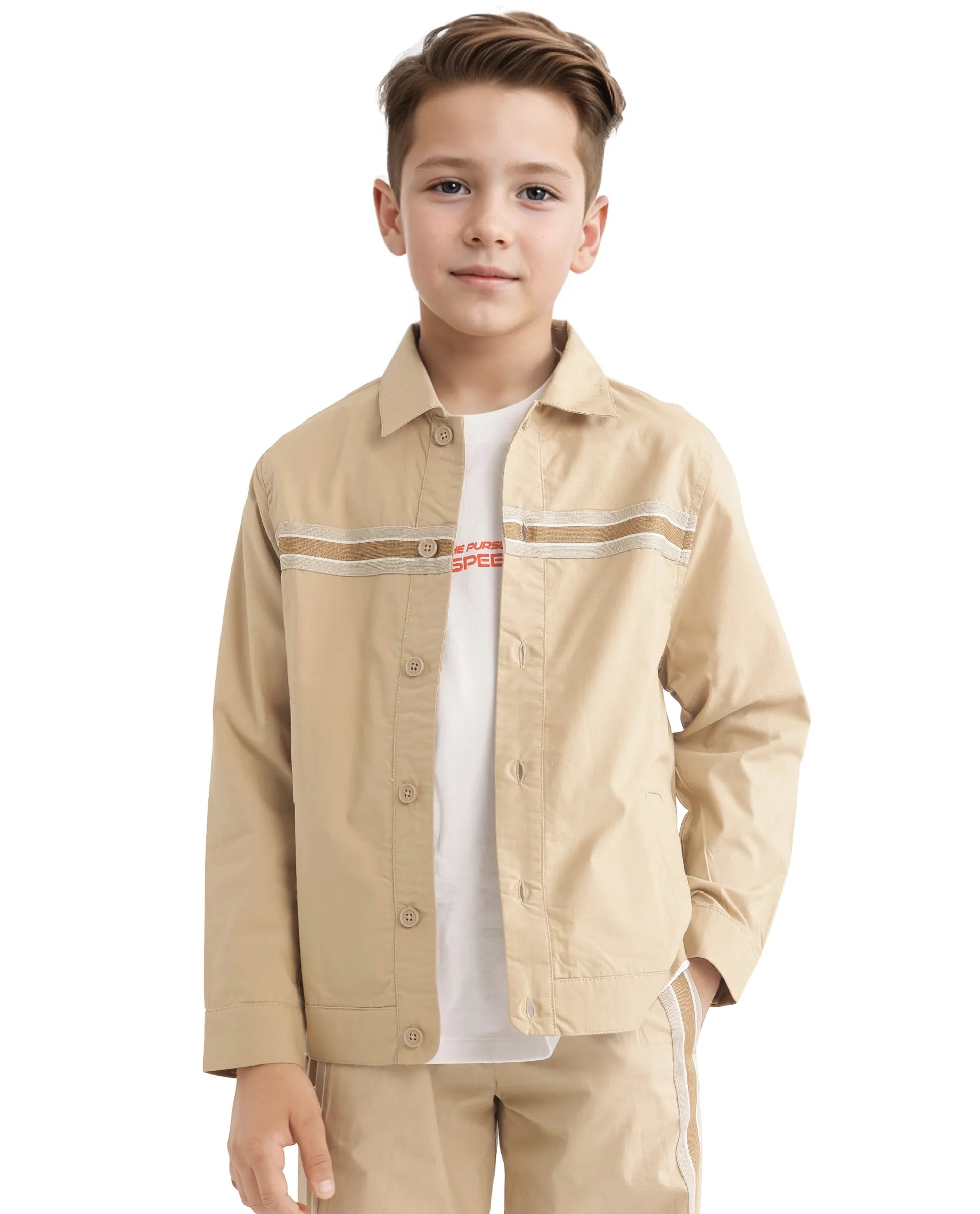 Rare Ones Kids Taper-S Beige Cotton Full Sleeve Button Closure Solid Terron Fit Shacket