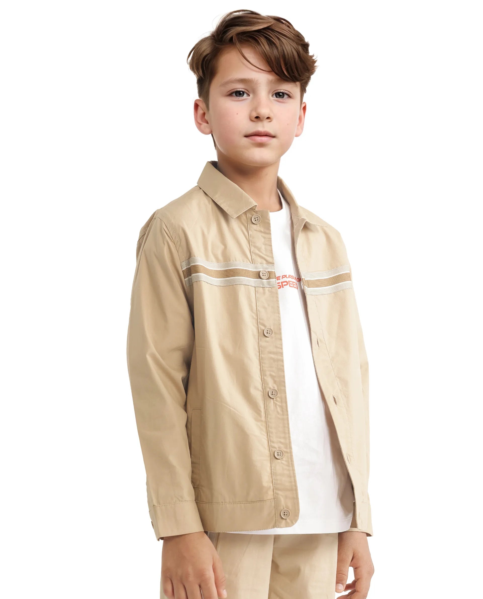Rare Ones Kids Taper-S Beige Cotton Full Sleeve Button Closure Solid Terron Fit Shacket