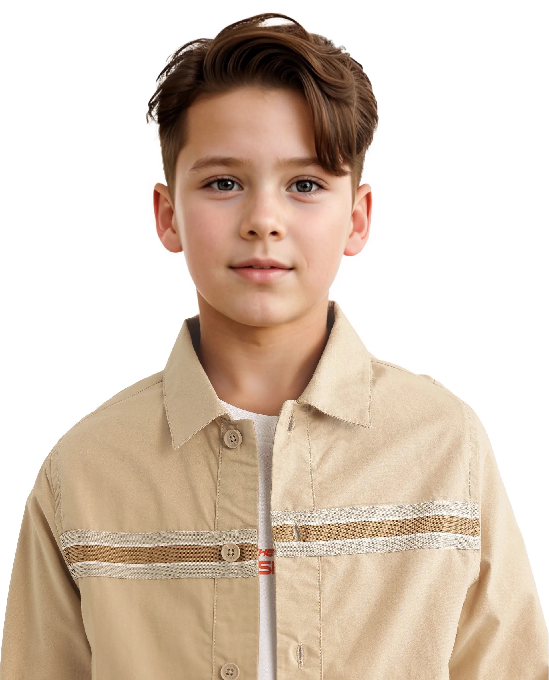 Rare Ones Kids Taper-S Beige Cotton Full Sleeve Button Closure Solid Terron Fit Shacket