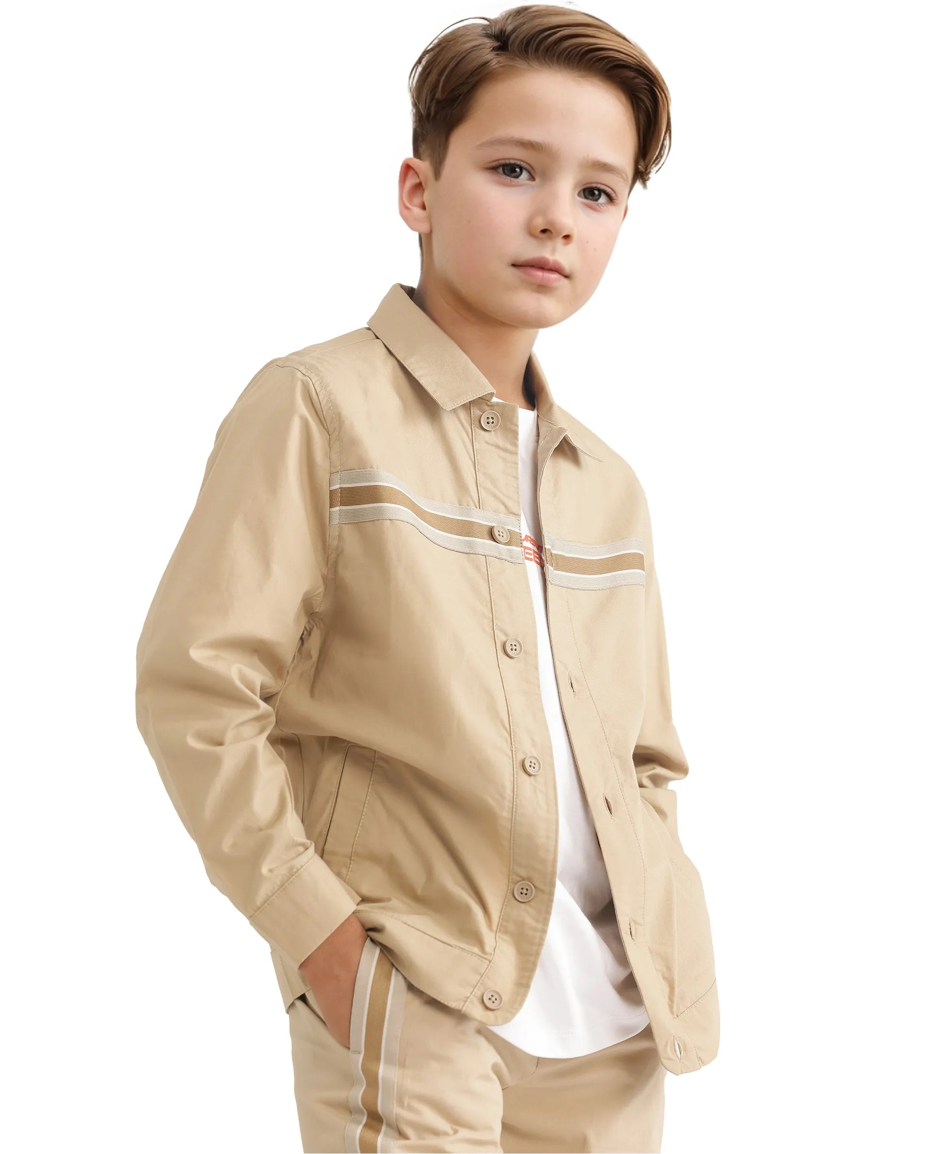 Rare Ones Kids Taper-S Beige Cotton Full Sleeve Button Closure Solid Terron Fit Shacket