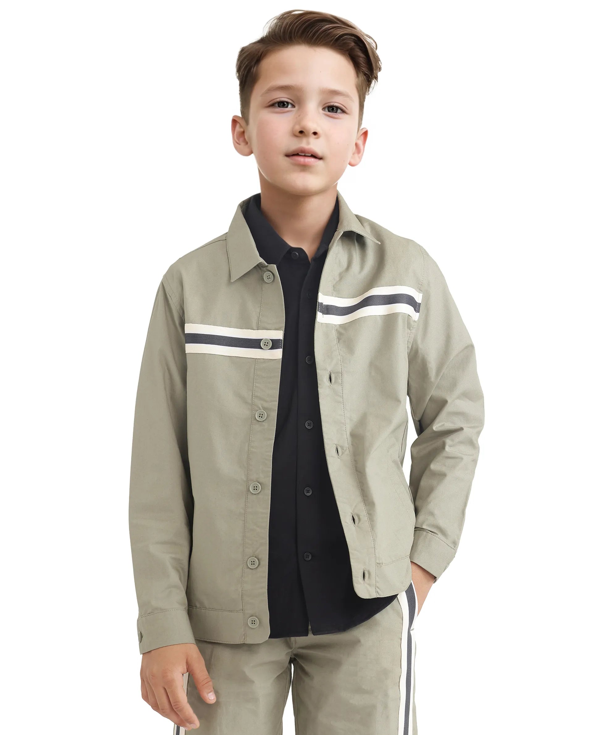 Rare Ones Kids Taper-S Olive Cotton Full Sleeve Button Closure Solid Terron Fit Shacket