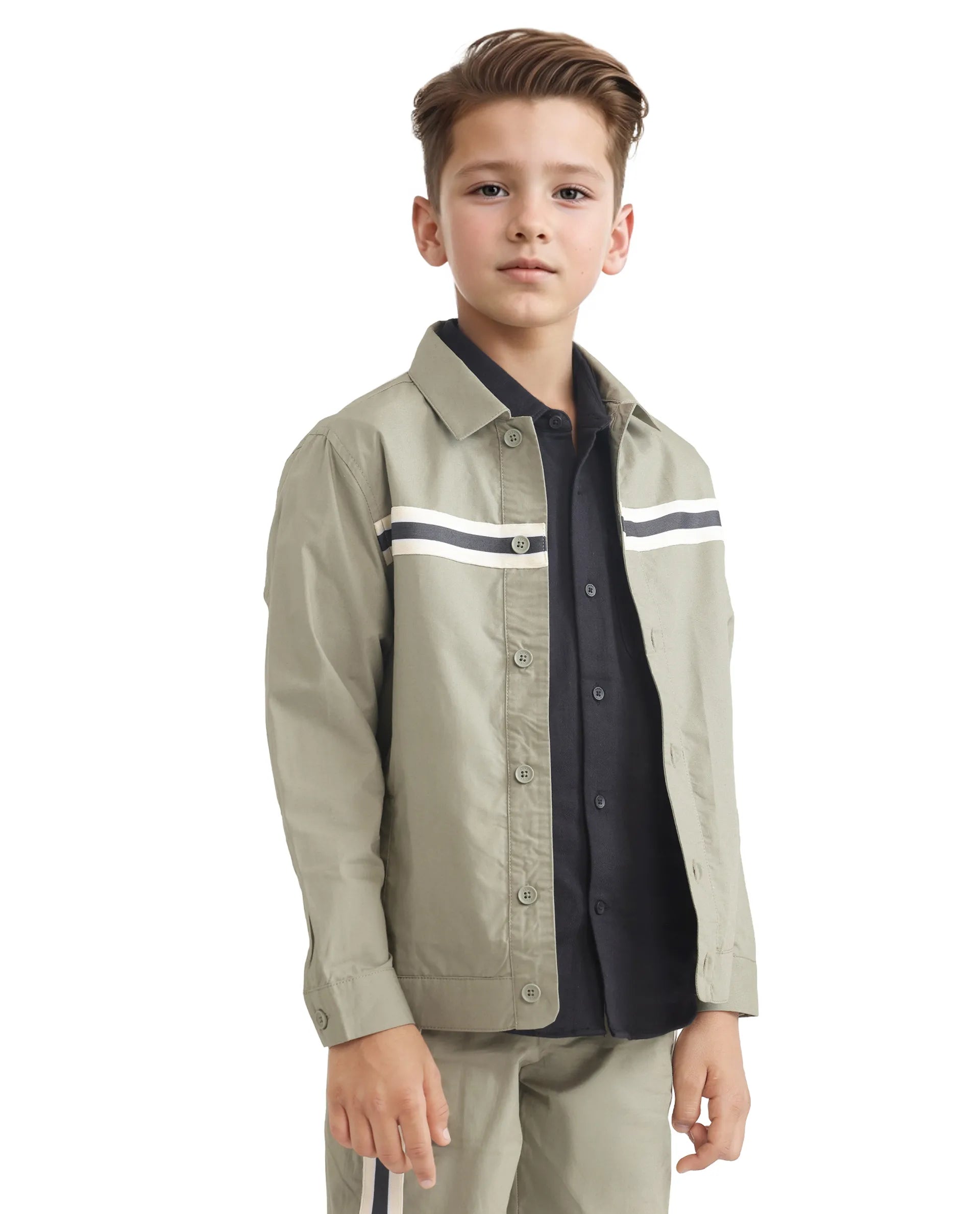 Rare Ones Kids Taper-S Olive Cotton Full Sleeve Button Closure Solid Terron Fit Shacket