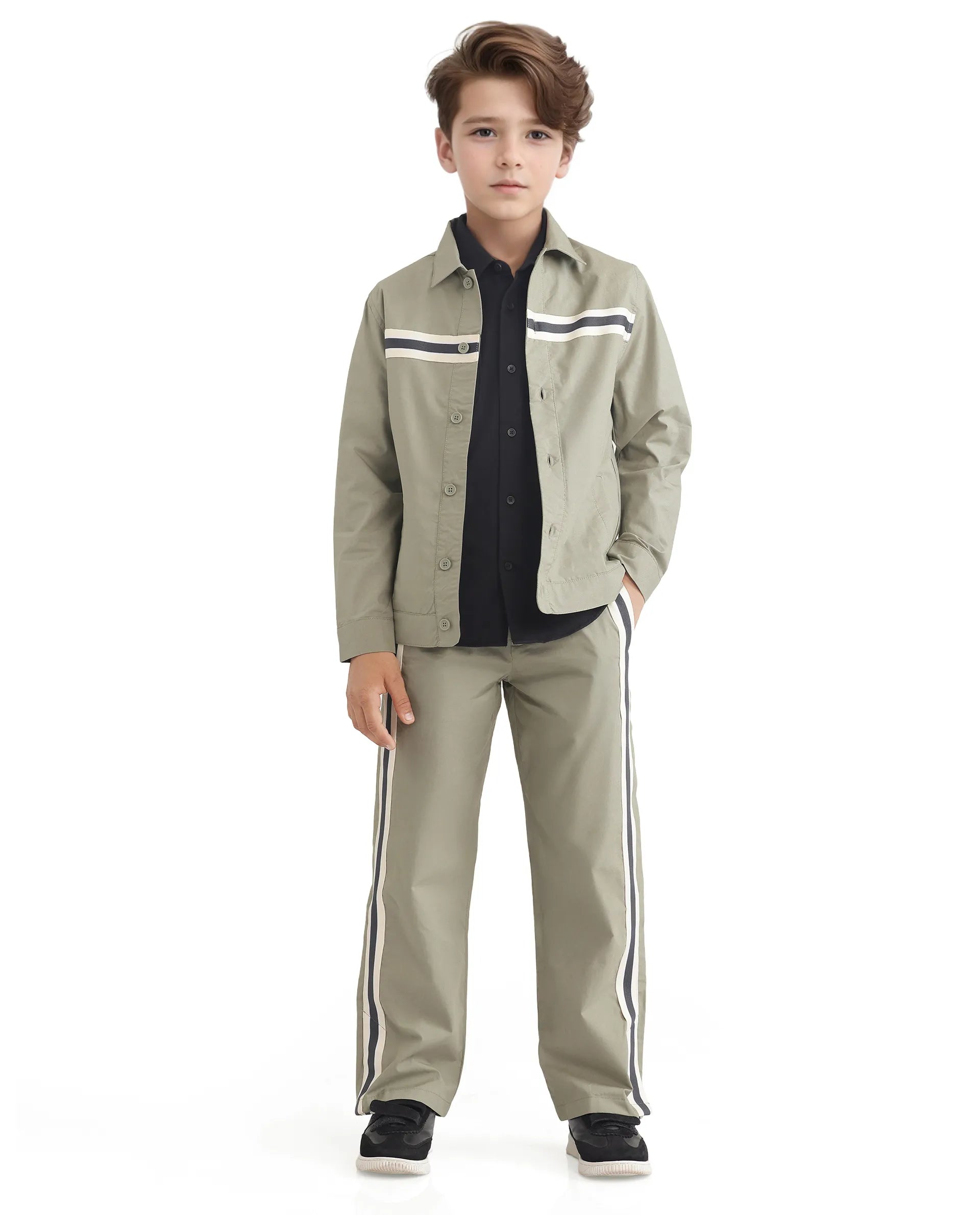 Rare Ones Kids Taper-S Olive Cotton Full Sleeve Button Closure Solid Terron Fit Shacket