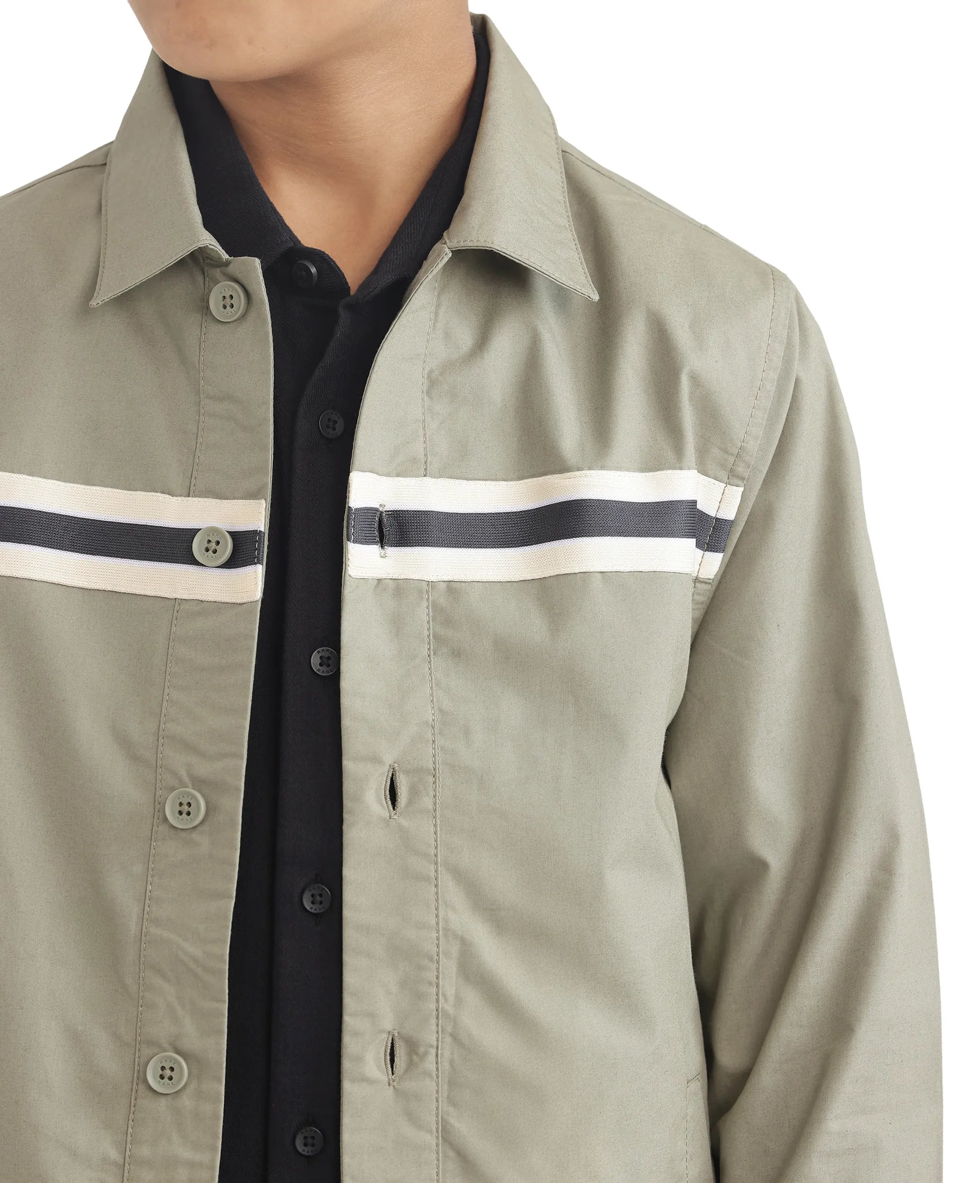 Rare Ones Kids Taper-S Olive Cotton Full Sleeve Button Closure Solid Terron Fit Shacket