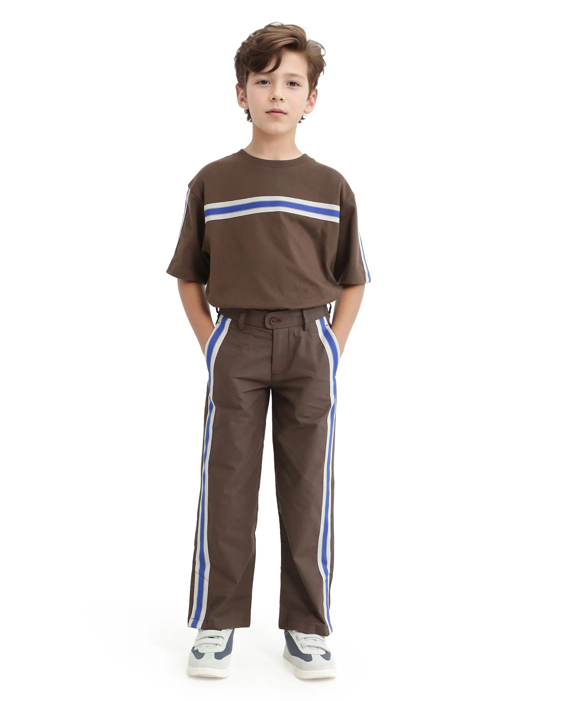 Rare Ones Kids Taper-B Brown Tape Detailed Button And Zip Closure Regular Fit Cotton Trouser