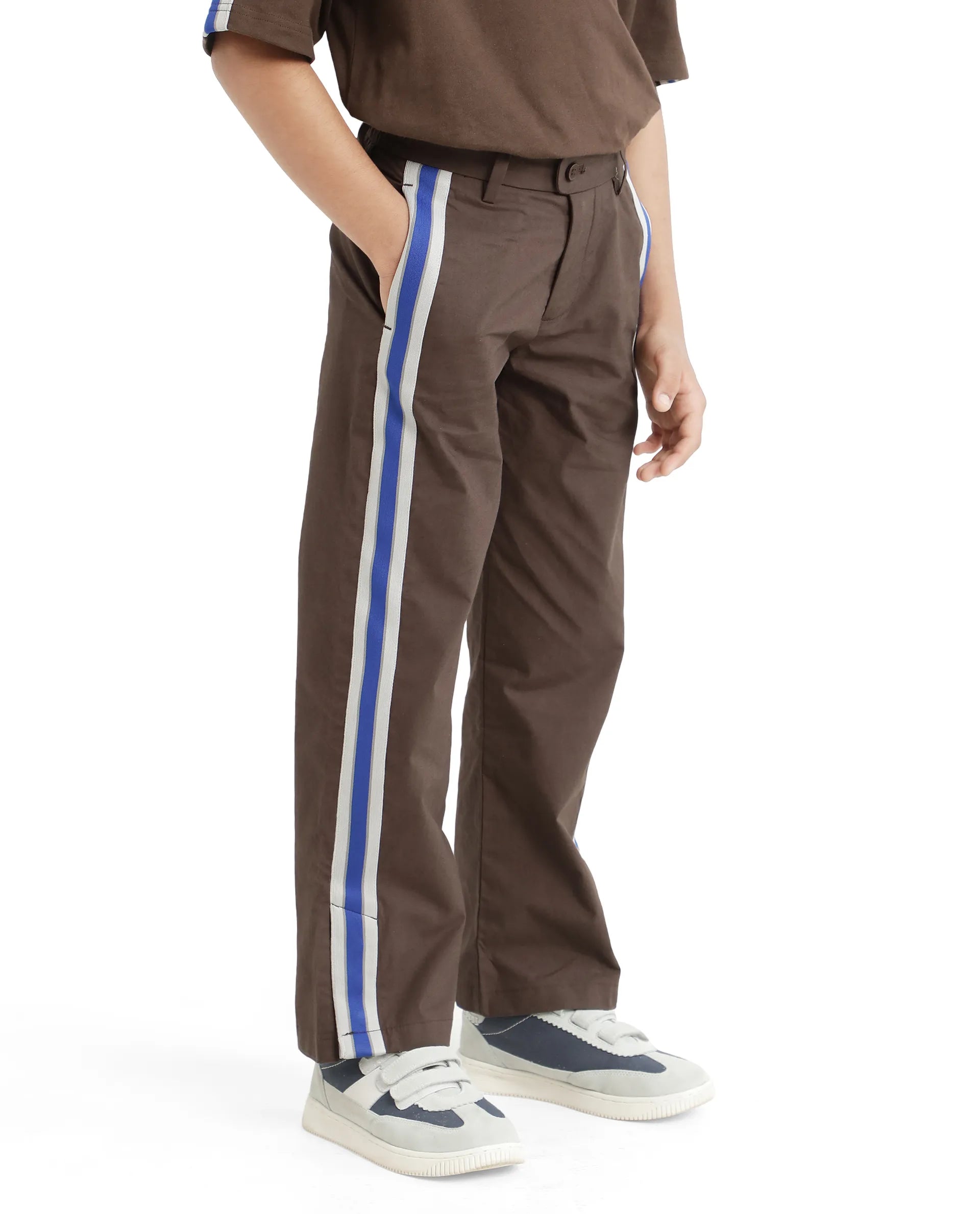 Rare Ones Kids Taper-B Brown Tape Detailed Button And Zip Closure Regular Fit Cotton Trouser