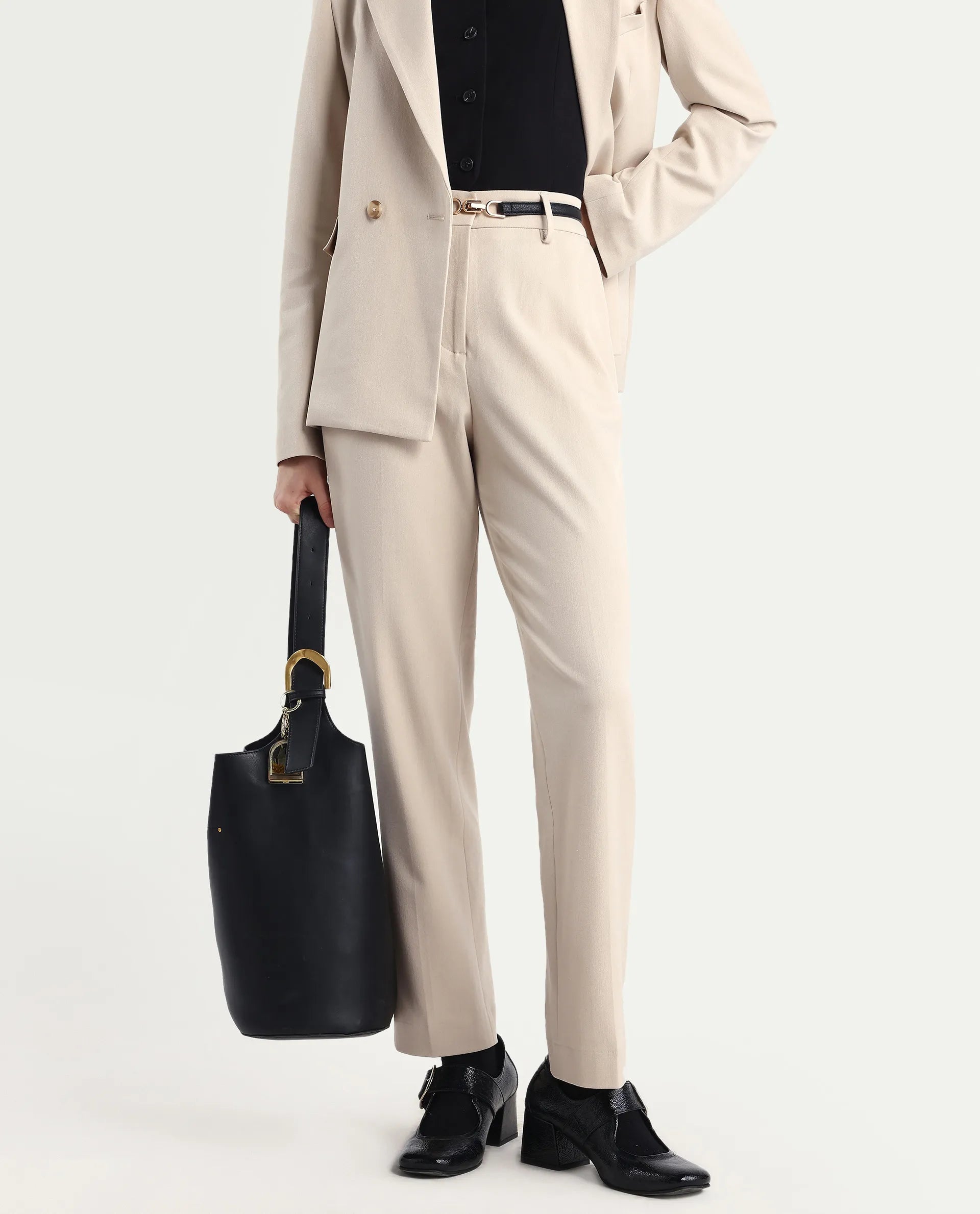 Rareism Women Taper Beige Polyester Blend Button Closure Tapered Fit Plain Travel Trouser