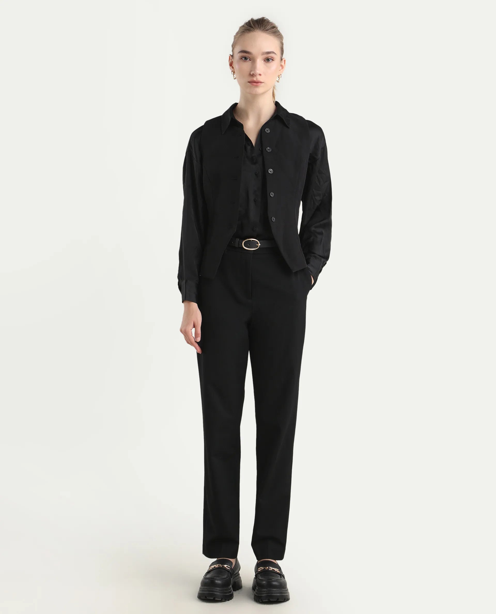 Rareism Women's Taper Black Polyester Blend Tapered Ankle Length Plain Travel Trouser