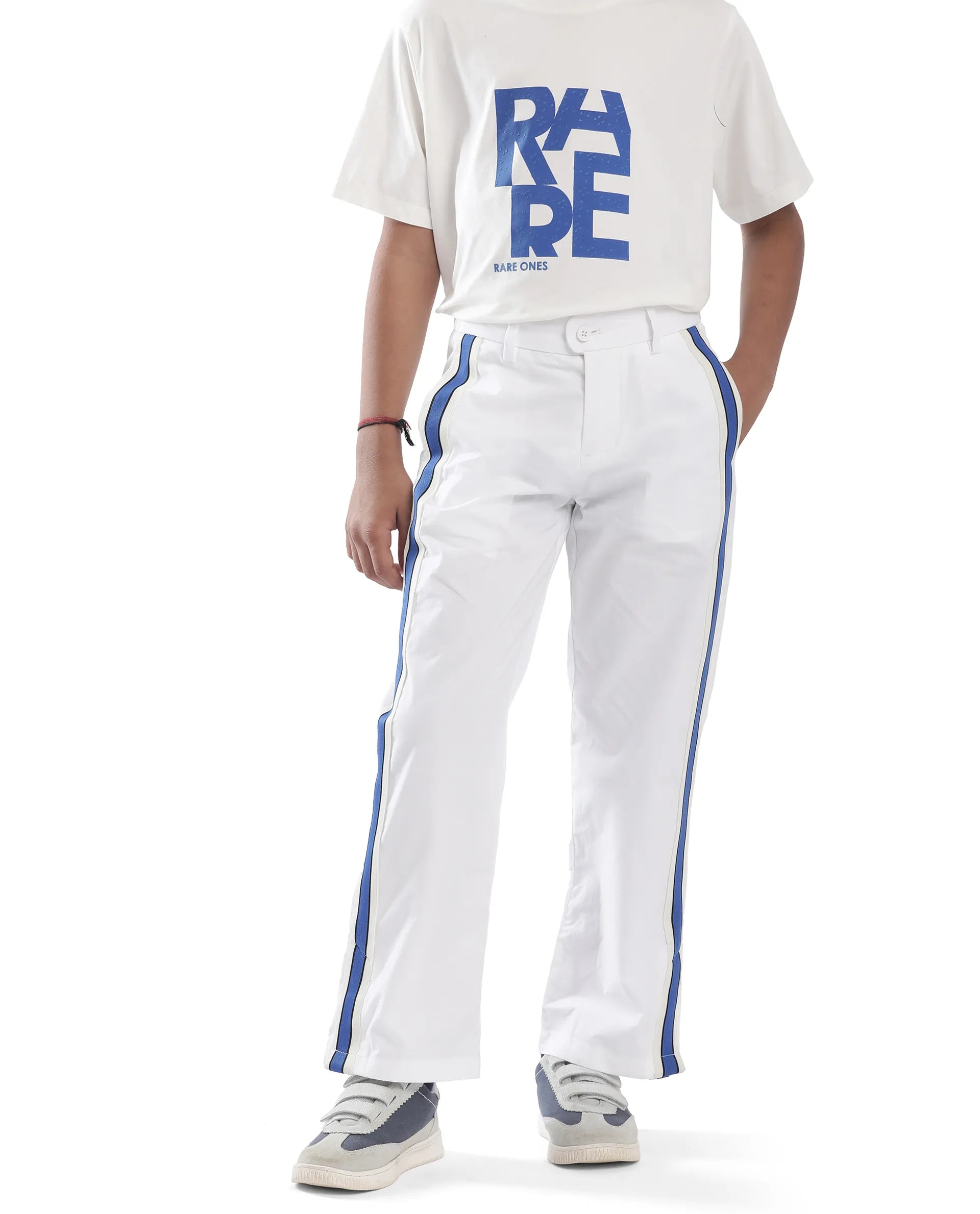 Rare Ones Kids Taper-B White Cotton Tape Detailed Button And Zip Closure Regular Fit Cotton Trouser