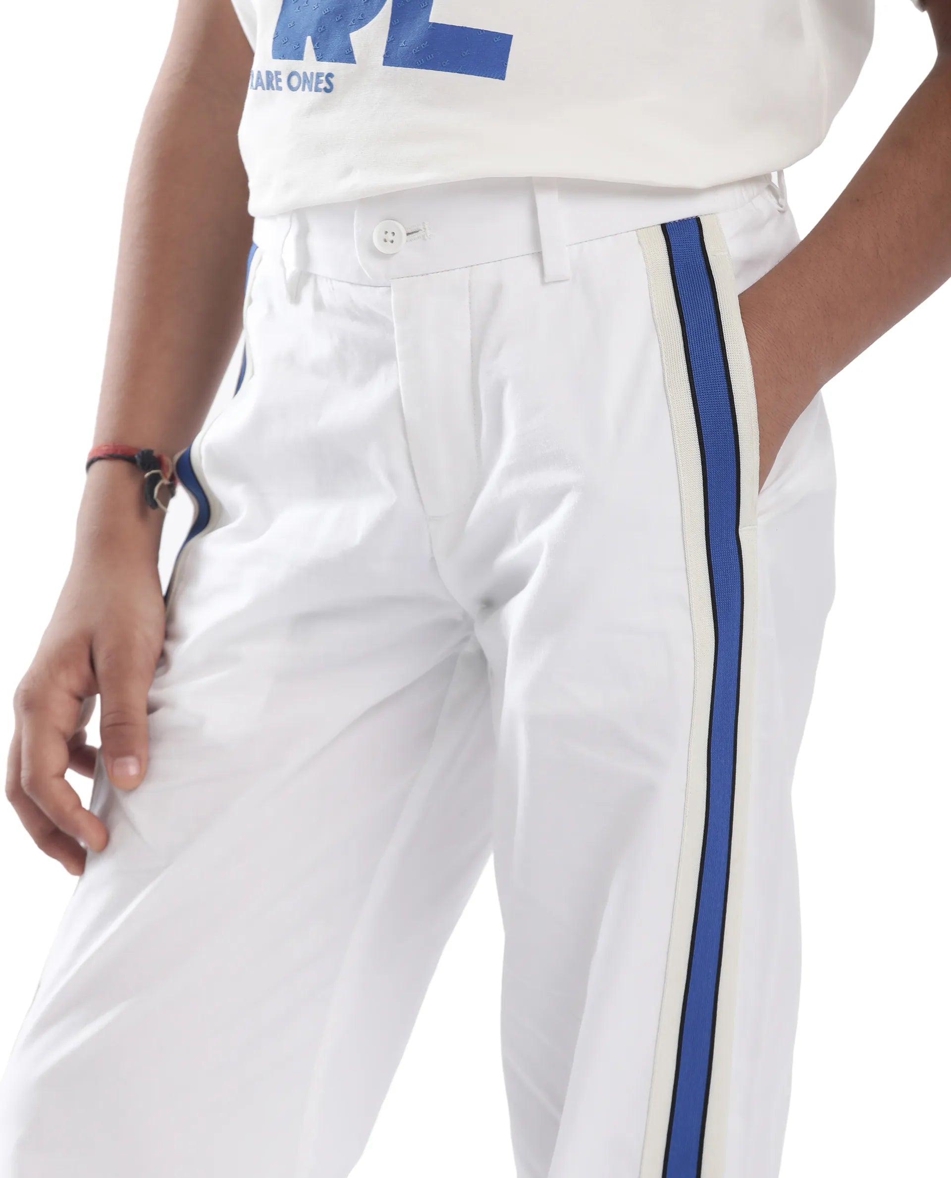 Rare Ones Kids Taper-B White Cotton Tape Detailed Button And Zip Closure Regular Fit Cotton Trouser