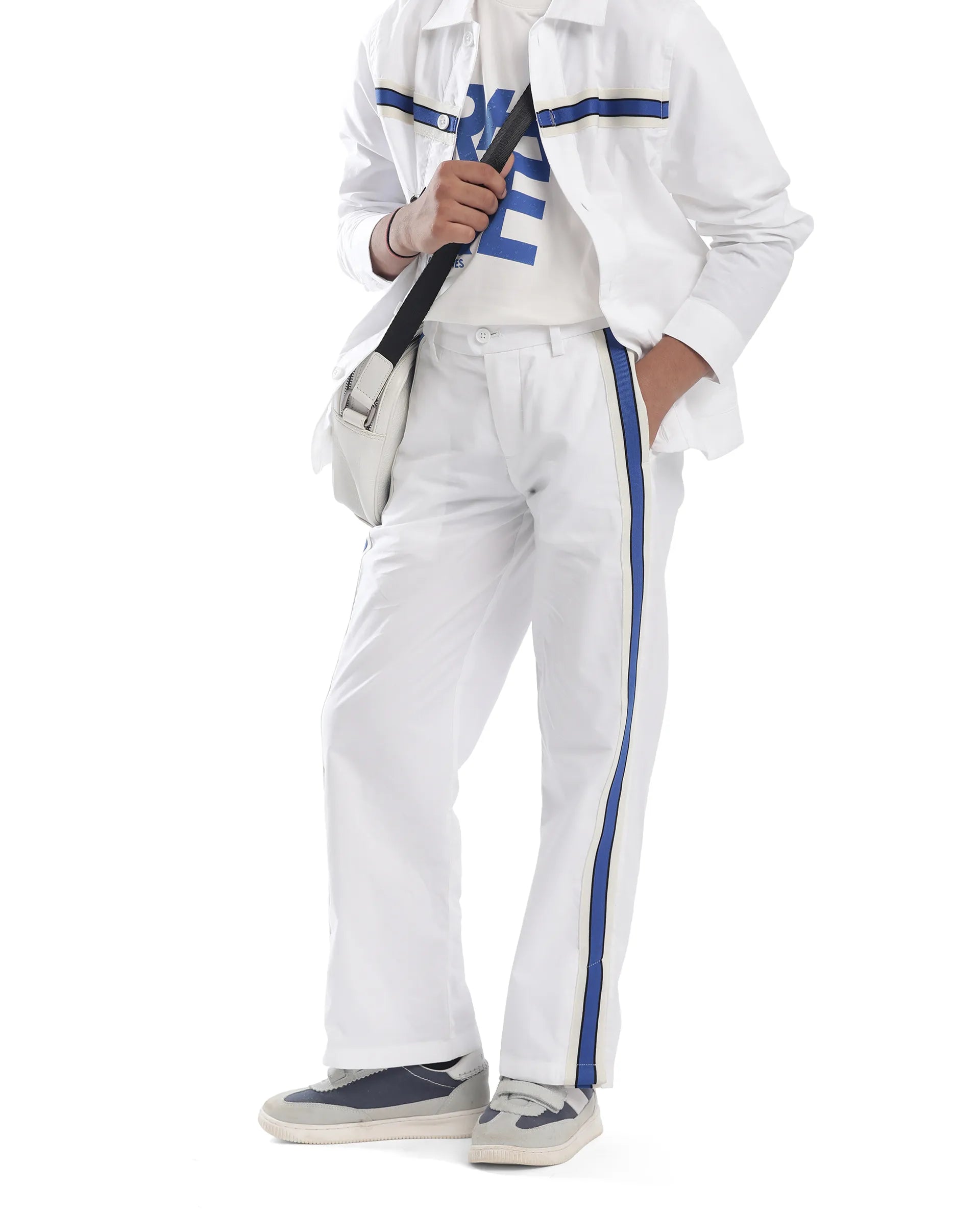 Rare Ones Kids Taper-B White Cotton Tape Detailed Button And Zip Closure Regular Fit Cotton Trouser