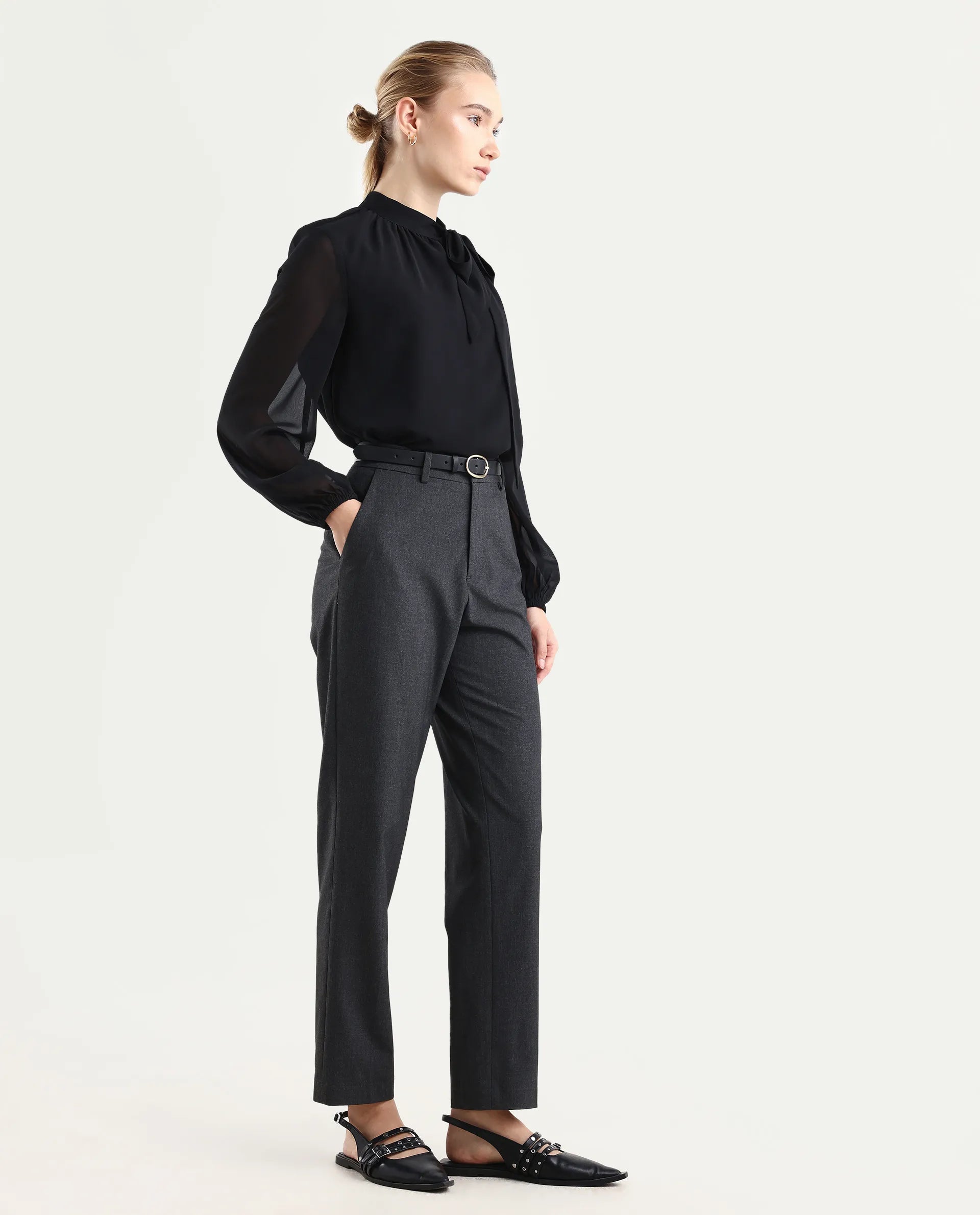 Rareism Women's Taper Grey Polyester Blend Tapered Plain Travel Trouser