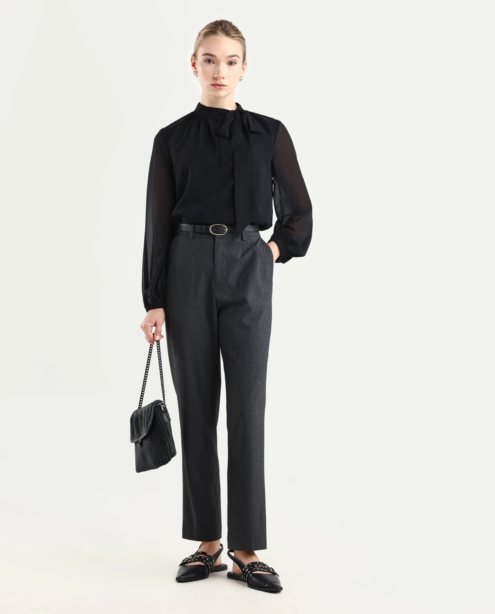 Rareism Women's Taper Grey Polyester Blend Tapered Plain Travel Trouser