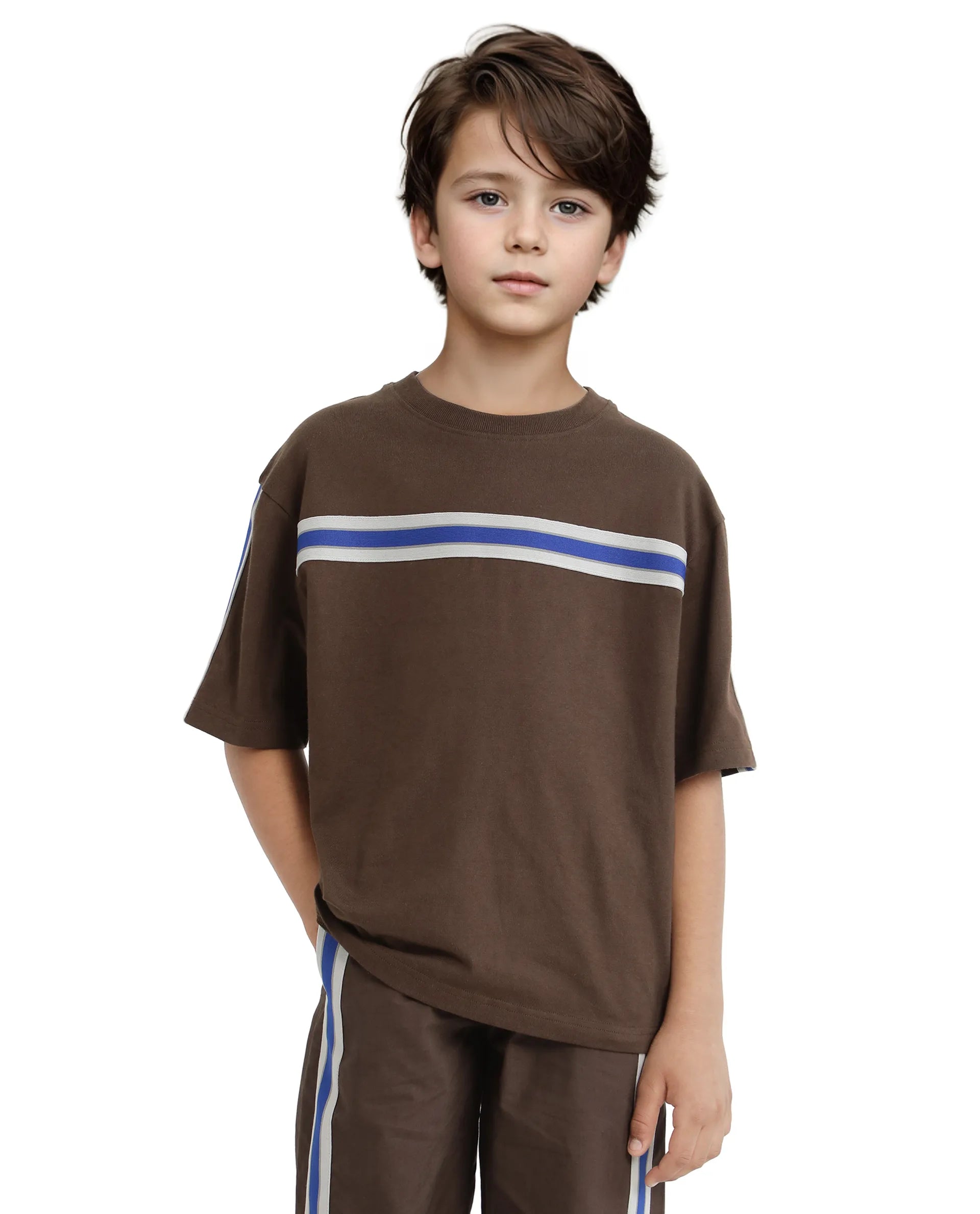Rare Ones Kids Taper-T Dark Brown Polyester Fabric Short Sleeve Crew Neck Plain T-Shirt