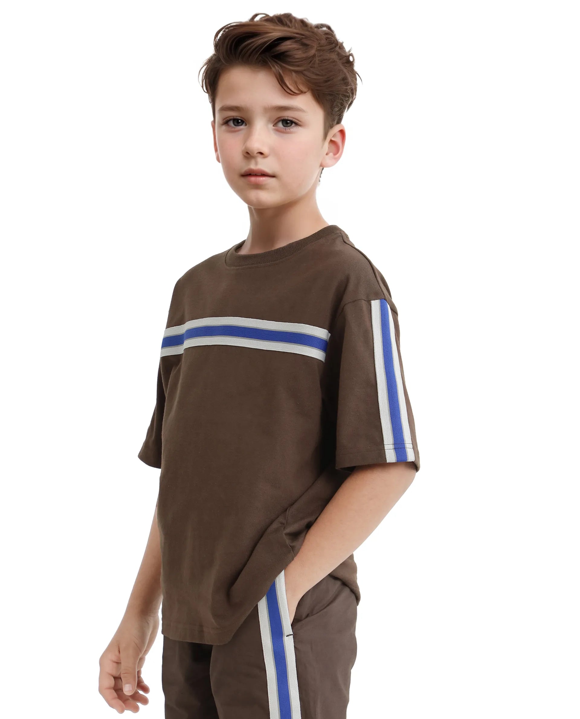Rare Ones Kids Taper-T Dark Brown Polyester Fabric Short Sleeve Crew Neck Plain T-Shirt