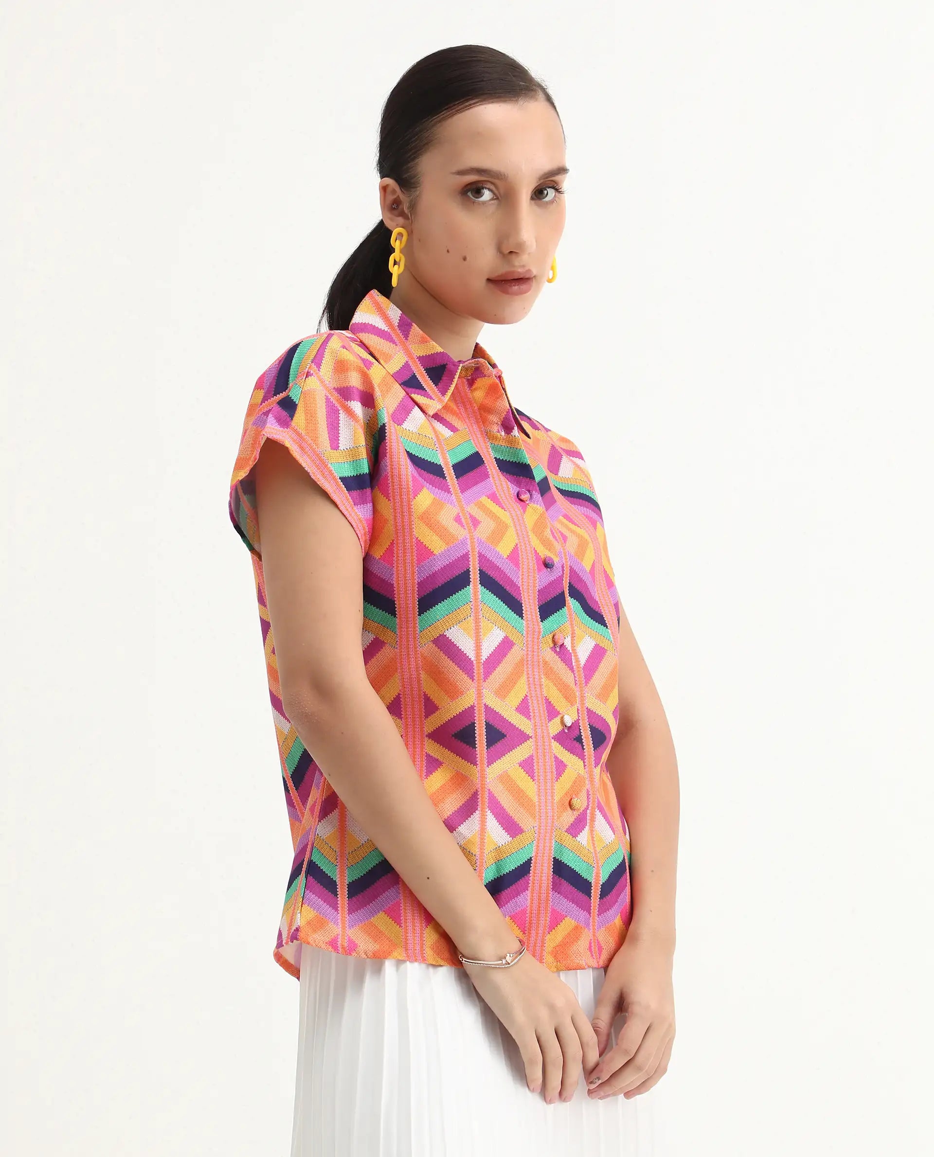 Rareism Women's Tarasa Multi Linen Spread Collar Geometric Print Extended Sleeves Regular Fit Top