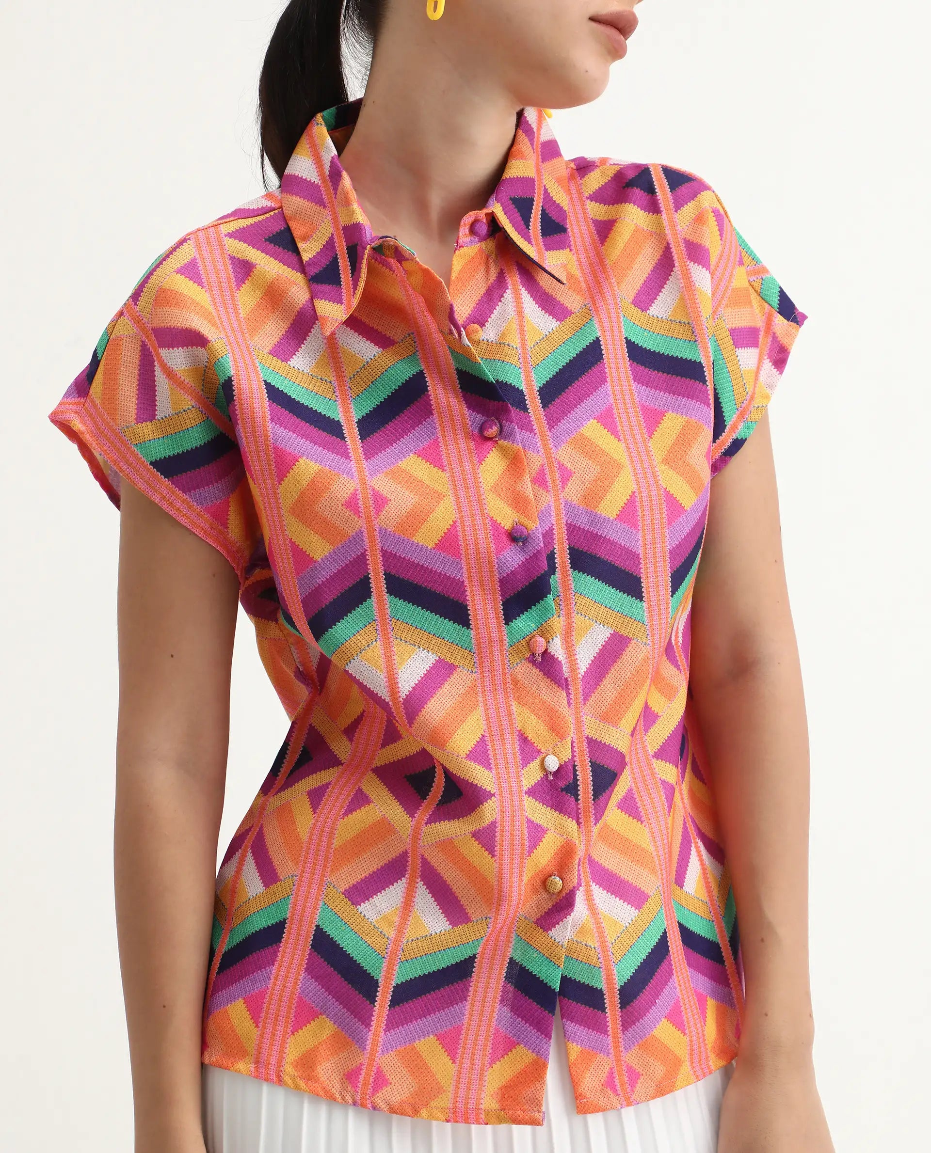 Rareism Women's Tarasa Multi Linen Spread Collar Geometric Print Extended Sleeves Regular Fit Top