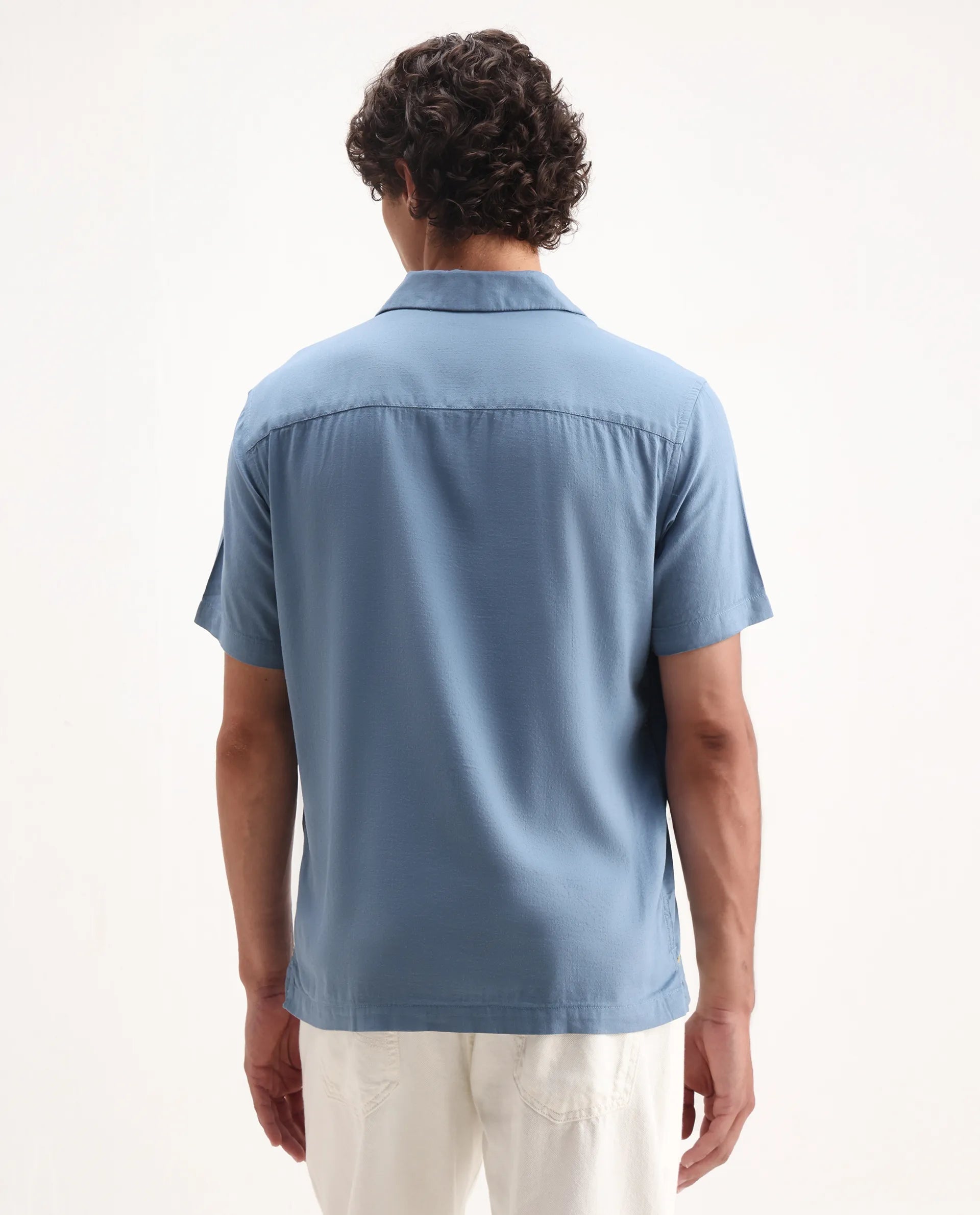 Rare Rabbit Men's Tared Dusky Blue Cotton Embroidered Boxy Fit Half Sleeve Cuban Collar Shirt