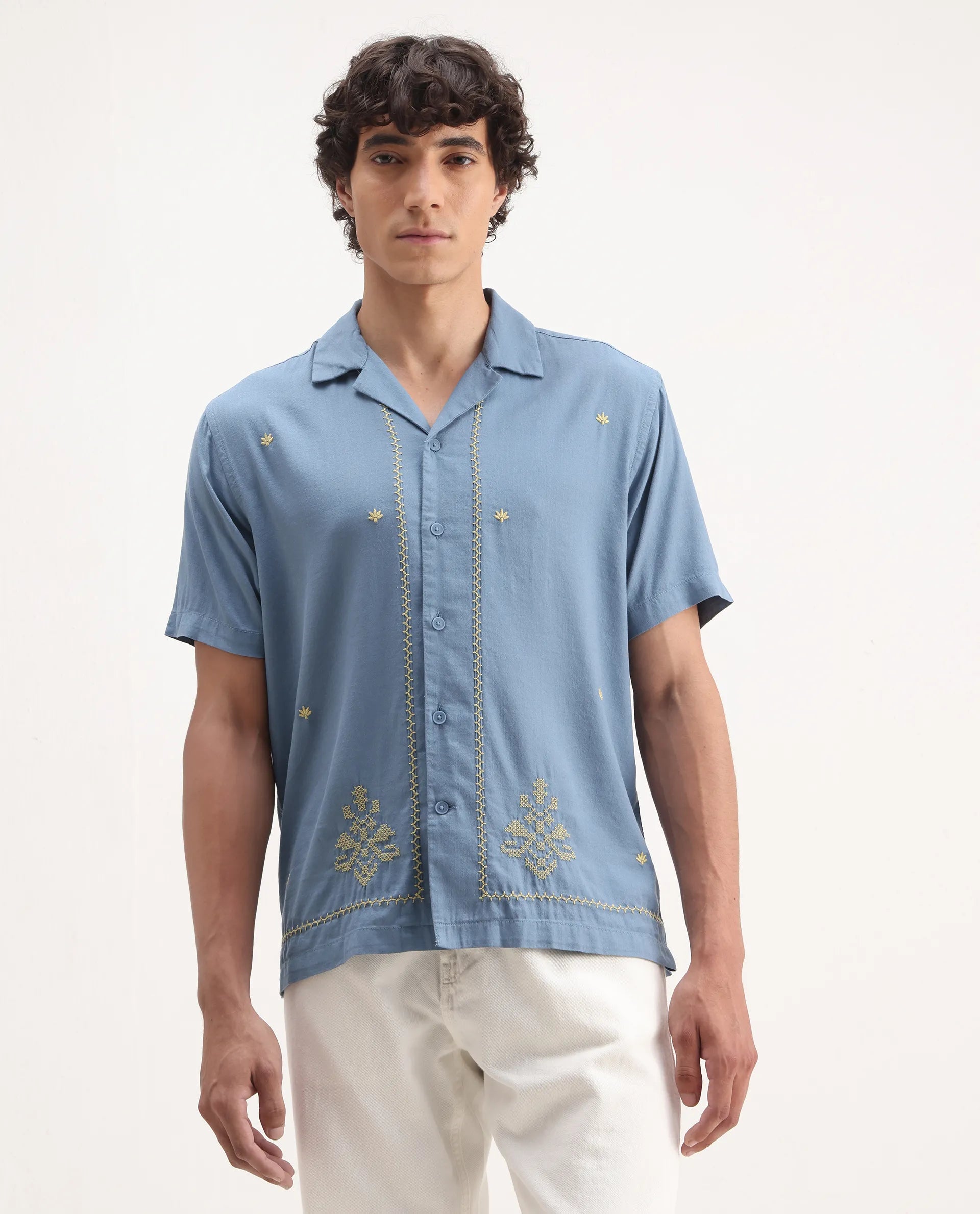 Rare Rabbit Men's Tared Dusky Blue Cotton Embroidered Boxy Fit Half Sleeve Cuban Collar Shirt