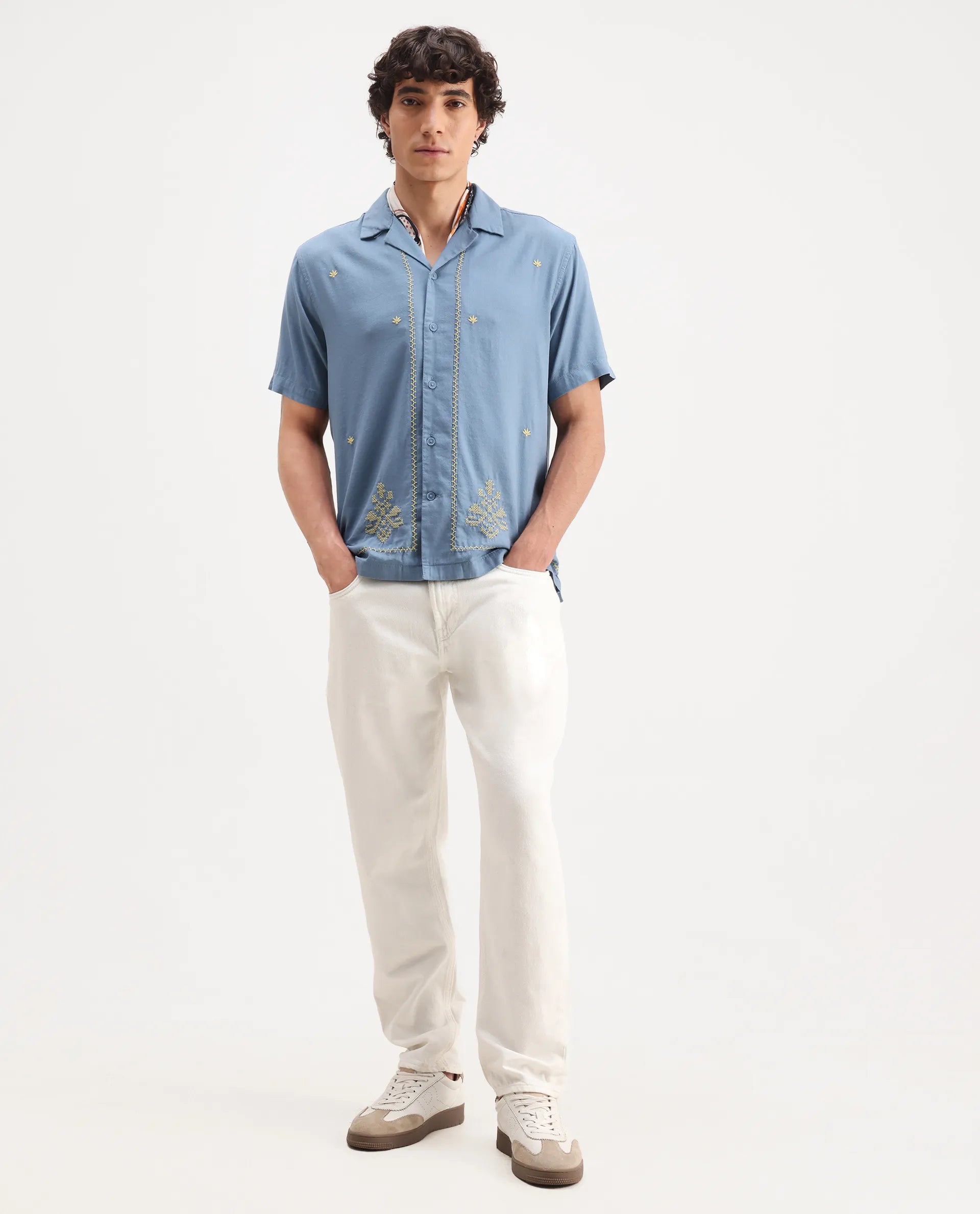 Rare Rabbit Men's Tared Dusky Blue Cotton Embroidered Boxy Fit Half Sleeve Cuban Collar Shirt