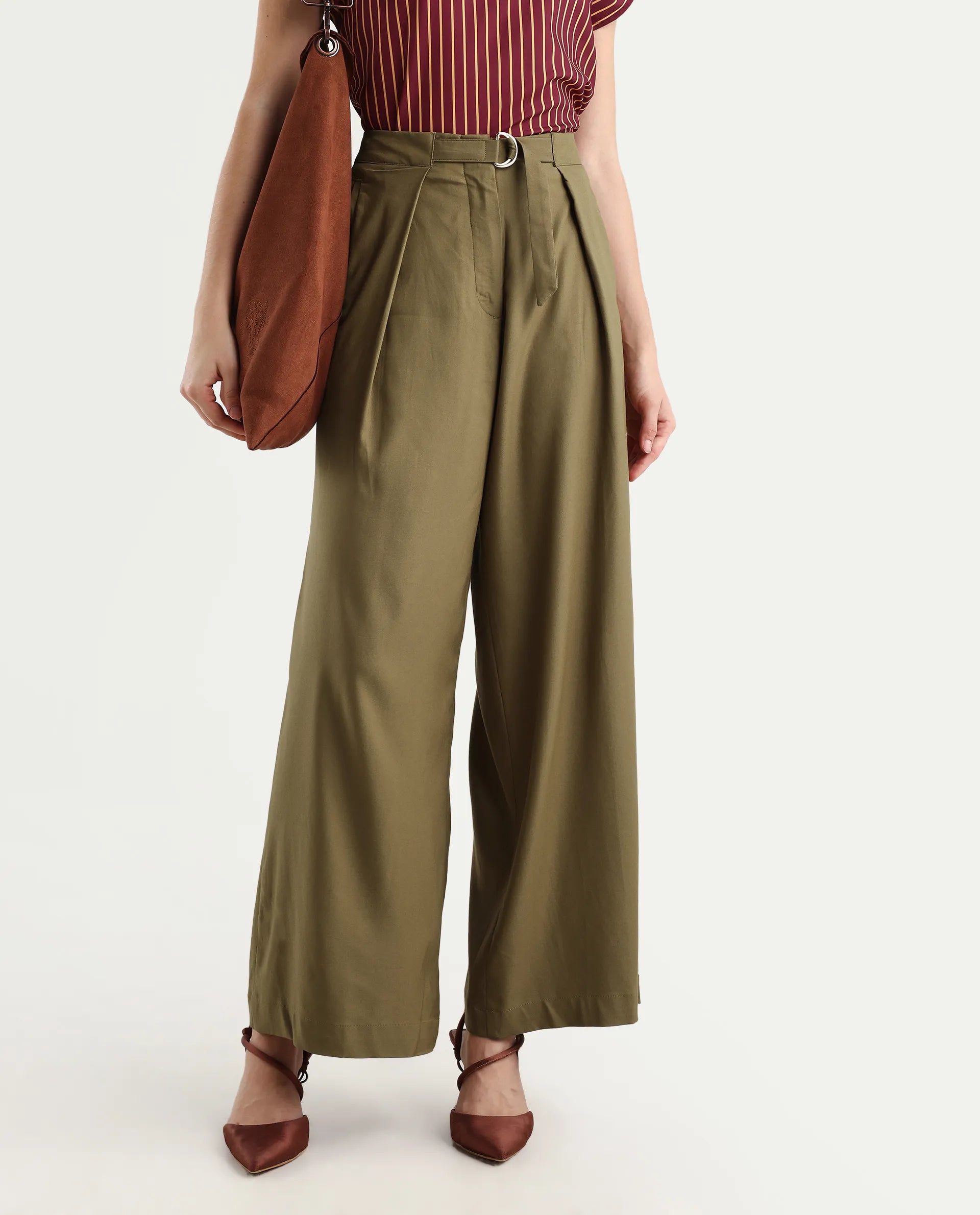 Rareism Women's Tarina Mustard Viscose Blend Plain Ankle Length Wide Trouser