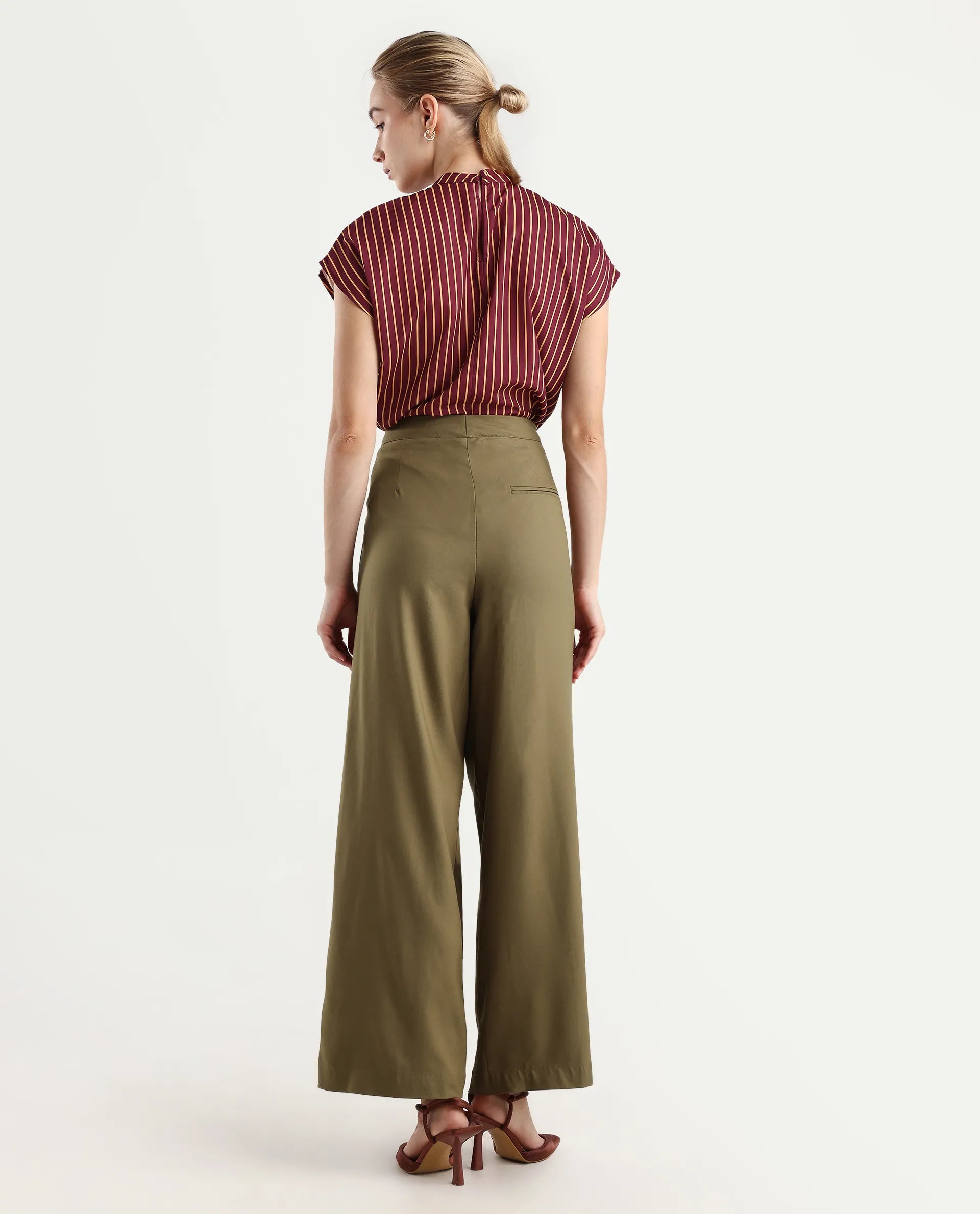 Rareism Women's Tarina Mustard Viscose Blend Plain Ankle Length Wide Trouser