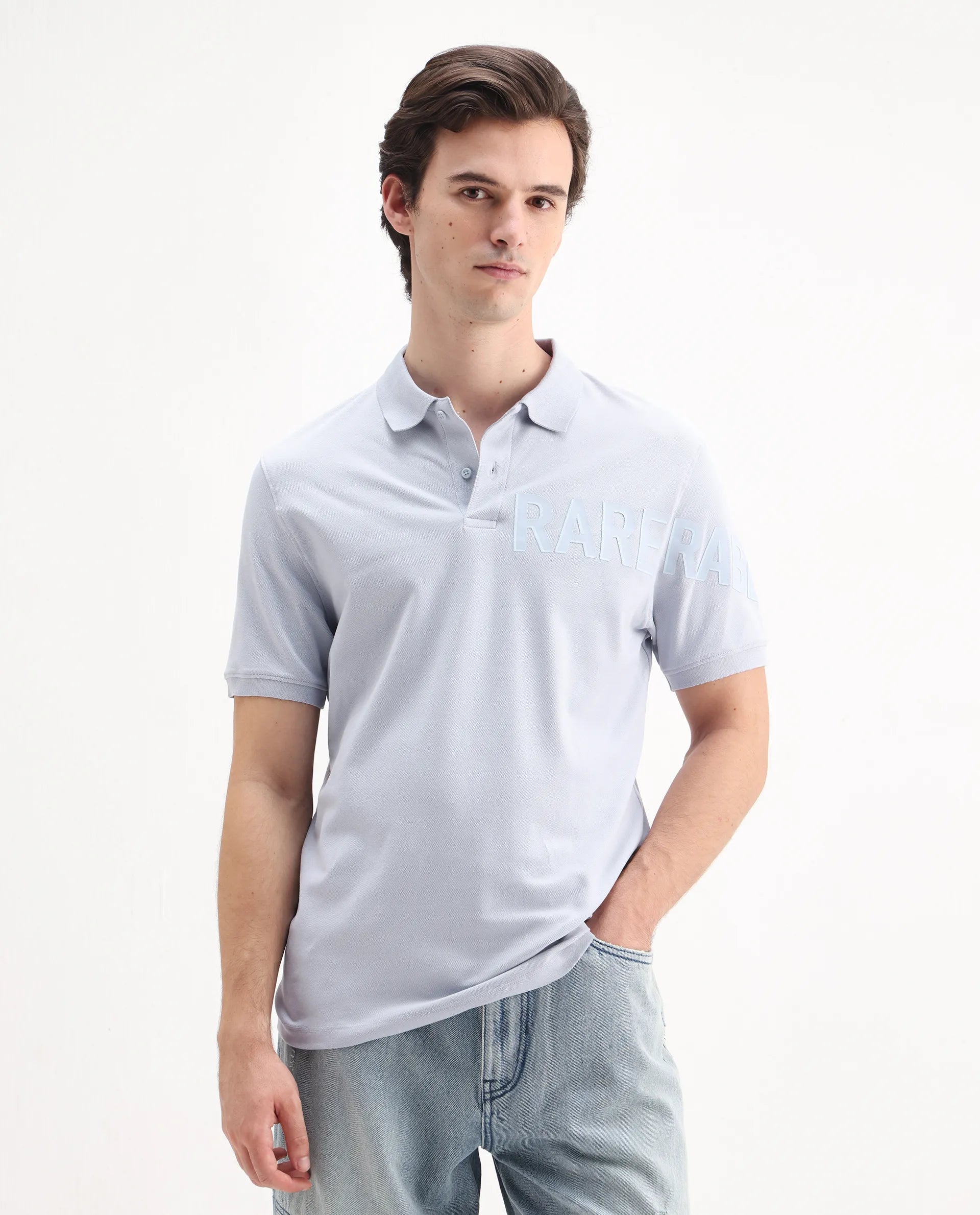 Rare Rabbit Men's Taro Blue Cotton Plain Regular Fit Half Sleeve Polo