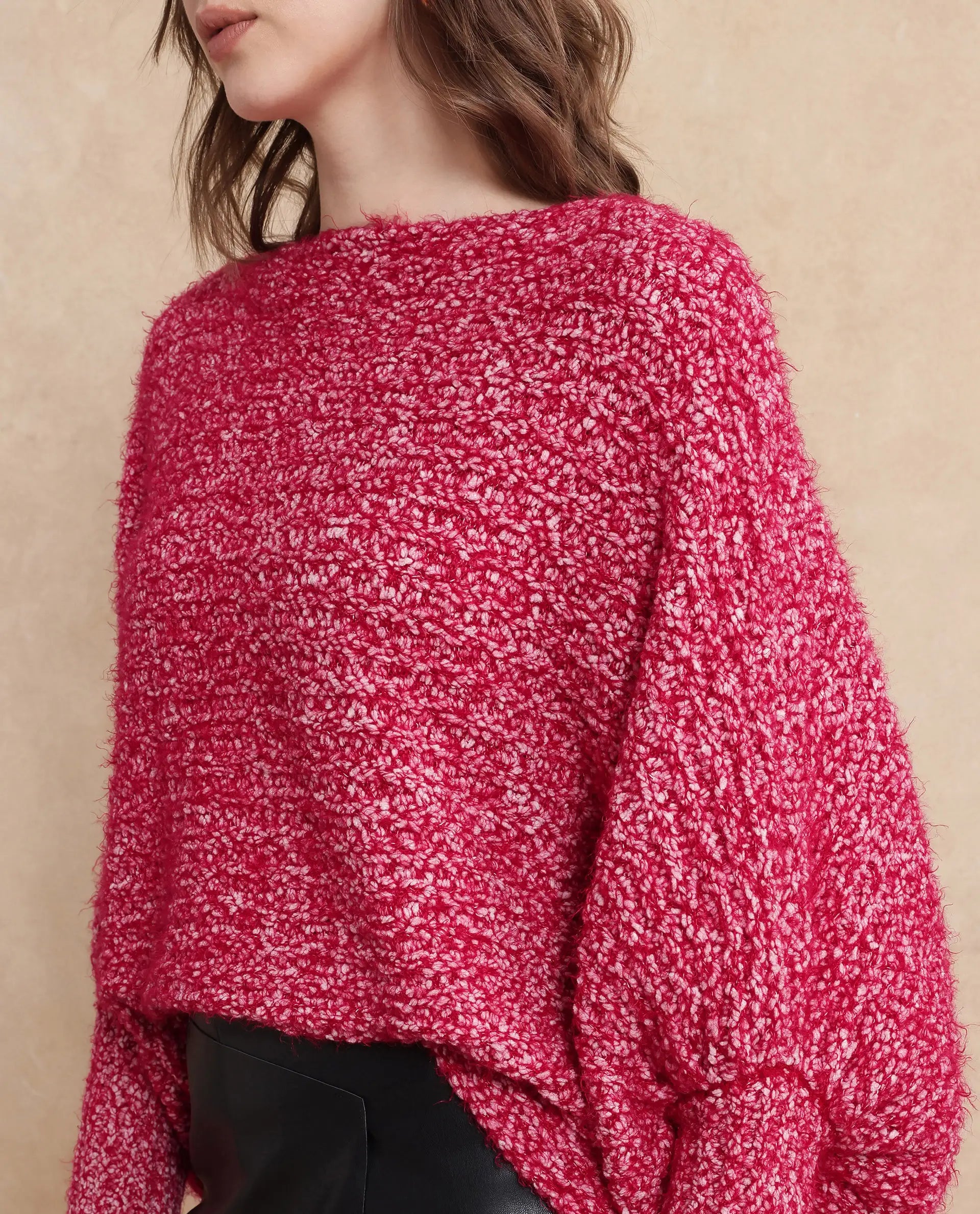 Rareism Women Taro Dark Red Polyester Nylon Fabric Oversized Fit Plain Sweater