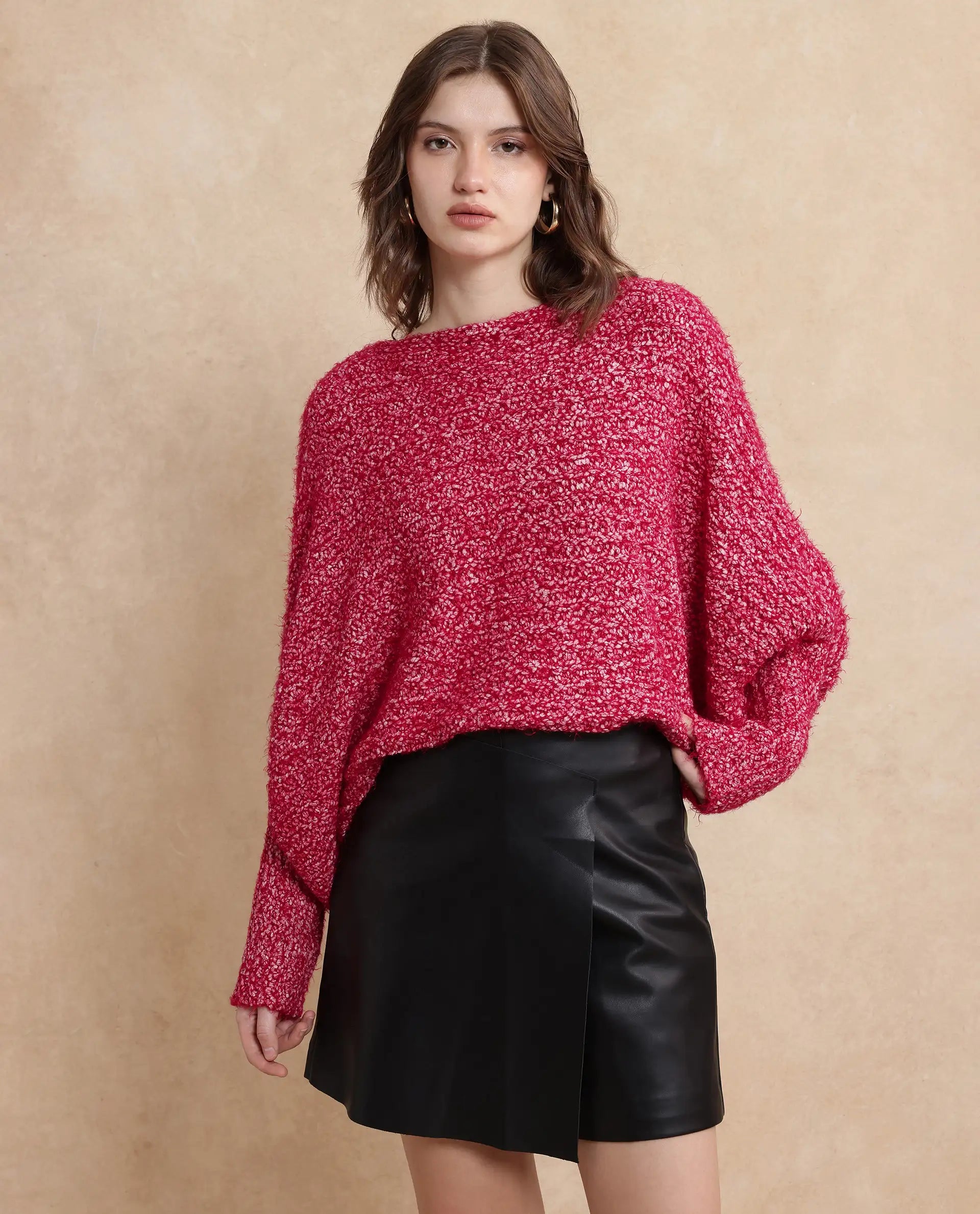 Rareism Women Taro Dark Red Polyester Nylon Fabric Oversized Fit Plain Sweater