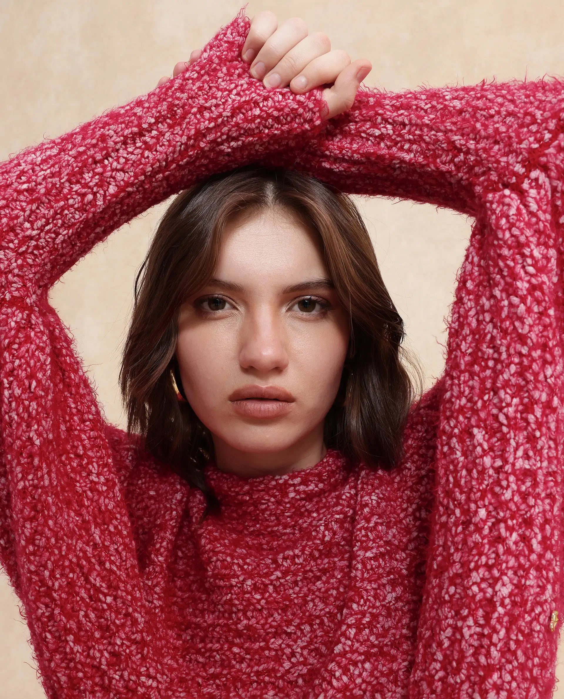 Rareism Women Taro Dark Red Polyester Nylon Fabric Oversized Fit Plain Sweater