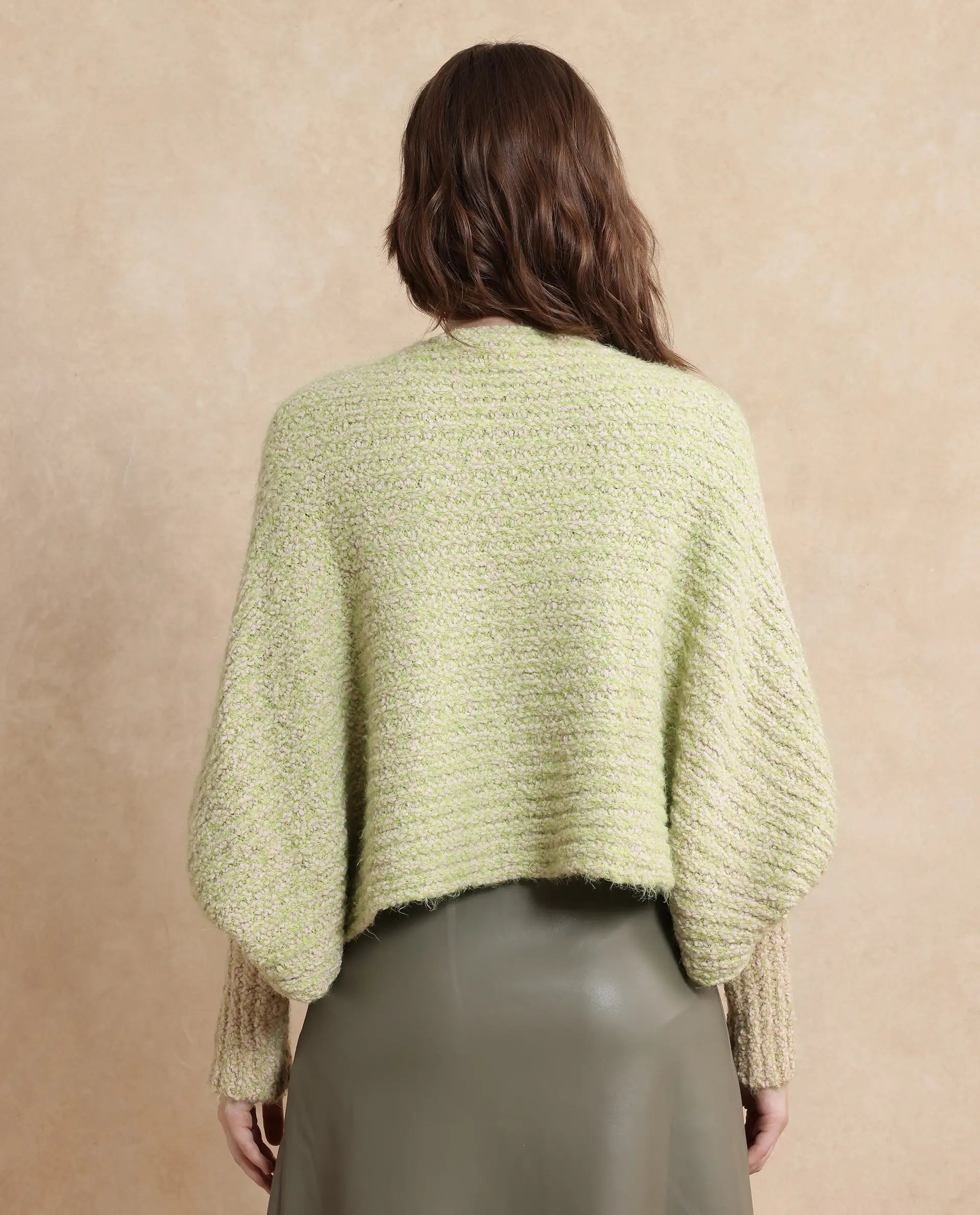 Rareism Women Taro Dusky Green Polyester Nylon Fabric Oversized Fit Plain Sweater