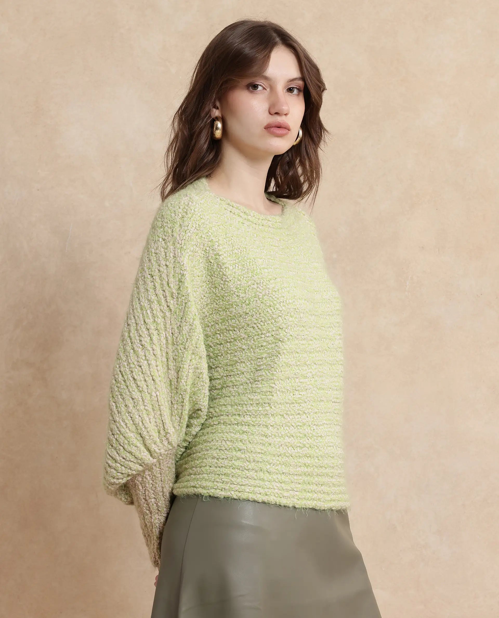 Rareism Women Taro Dusky Green Polyester Nylon Fabric Oversized Fit Plain Sweater