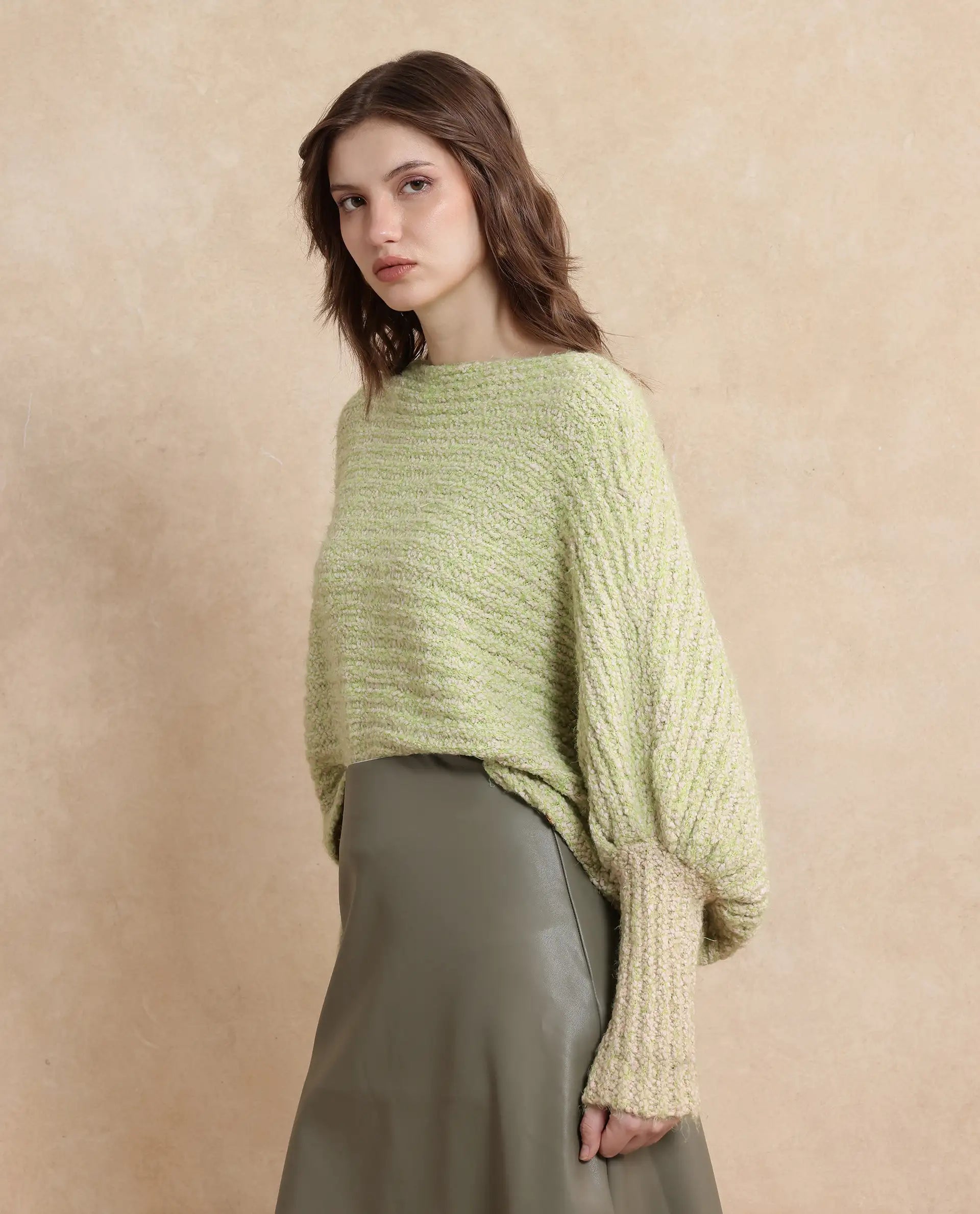 Rareism Women Taro Dusky Green Polyester Nylon Fabric Oversized Fit Plain Sweater