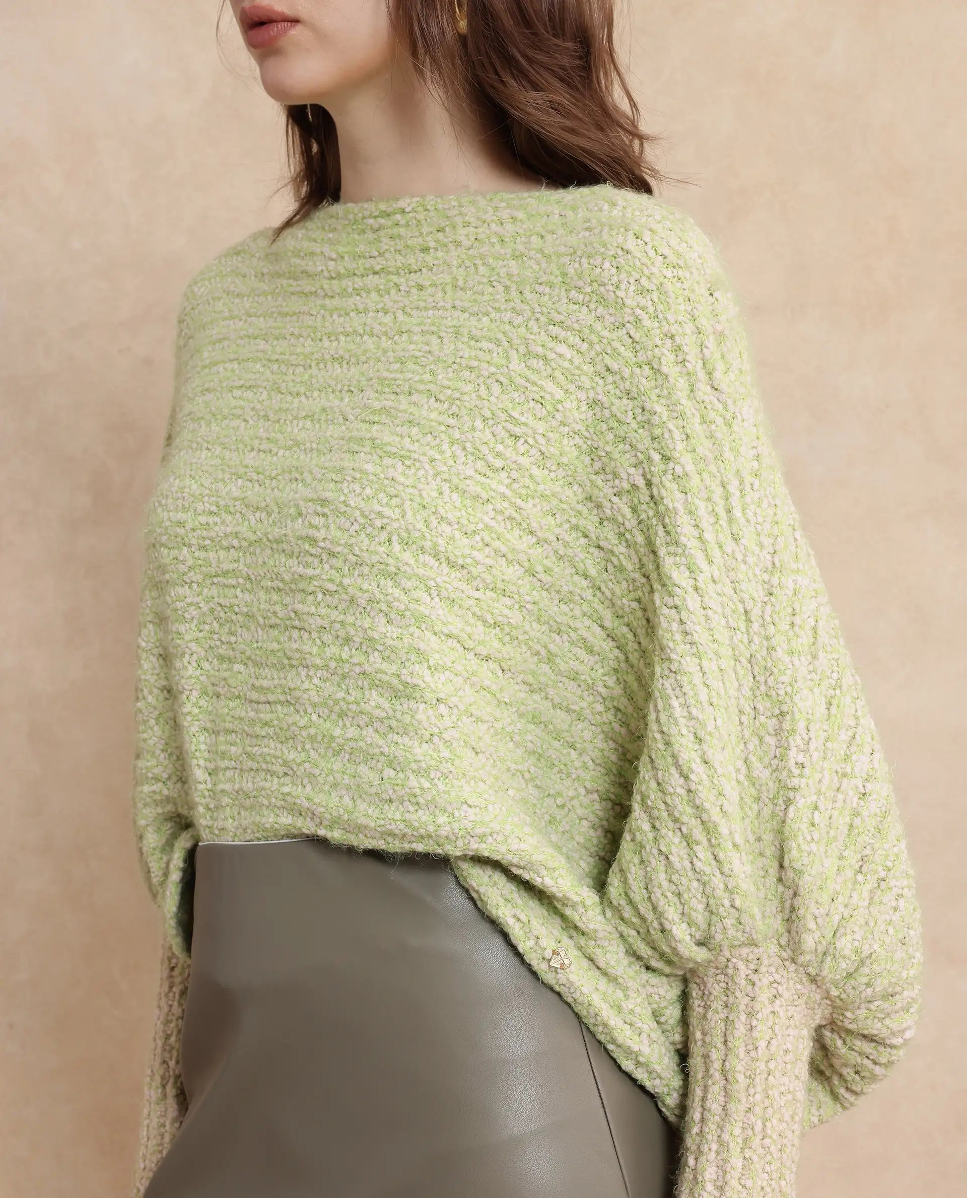 Rareism Women Taro Dusky Green Polyester Nylon Fabric Oversized Fit Plain Sweater