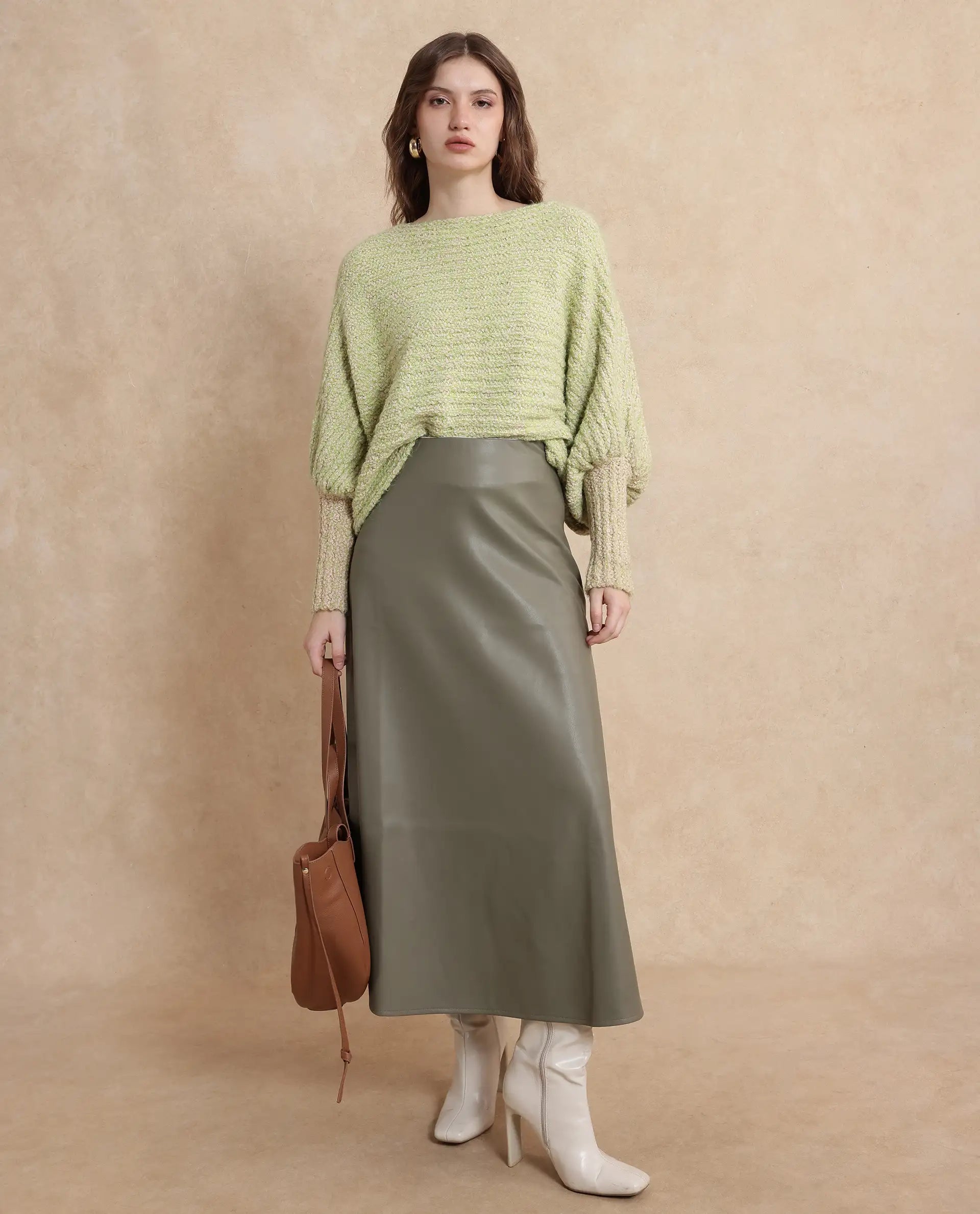 Rareism Women Taro Dusky Green Polyester Nylon Fabric Oversized Fit Plain Sweater