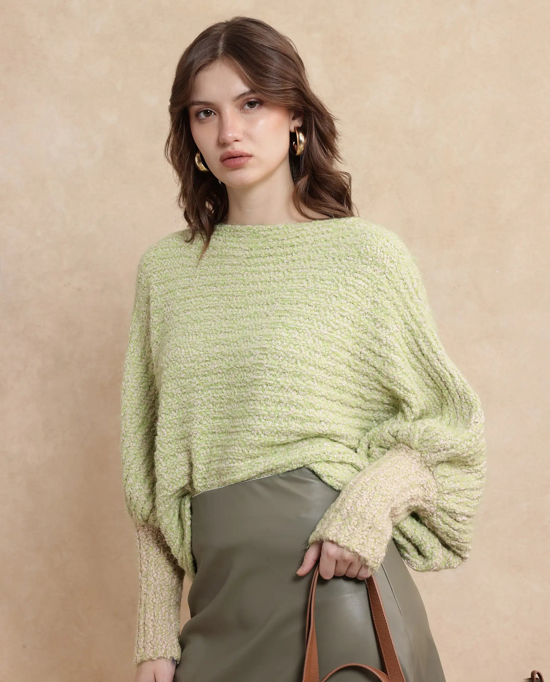 Rareism Women Taro Dusky Green Polyester Nylon Fabric Oversized Fit Plain Sweater