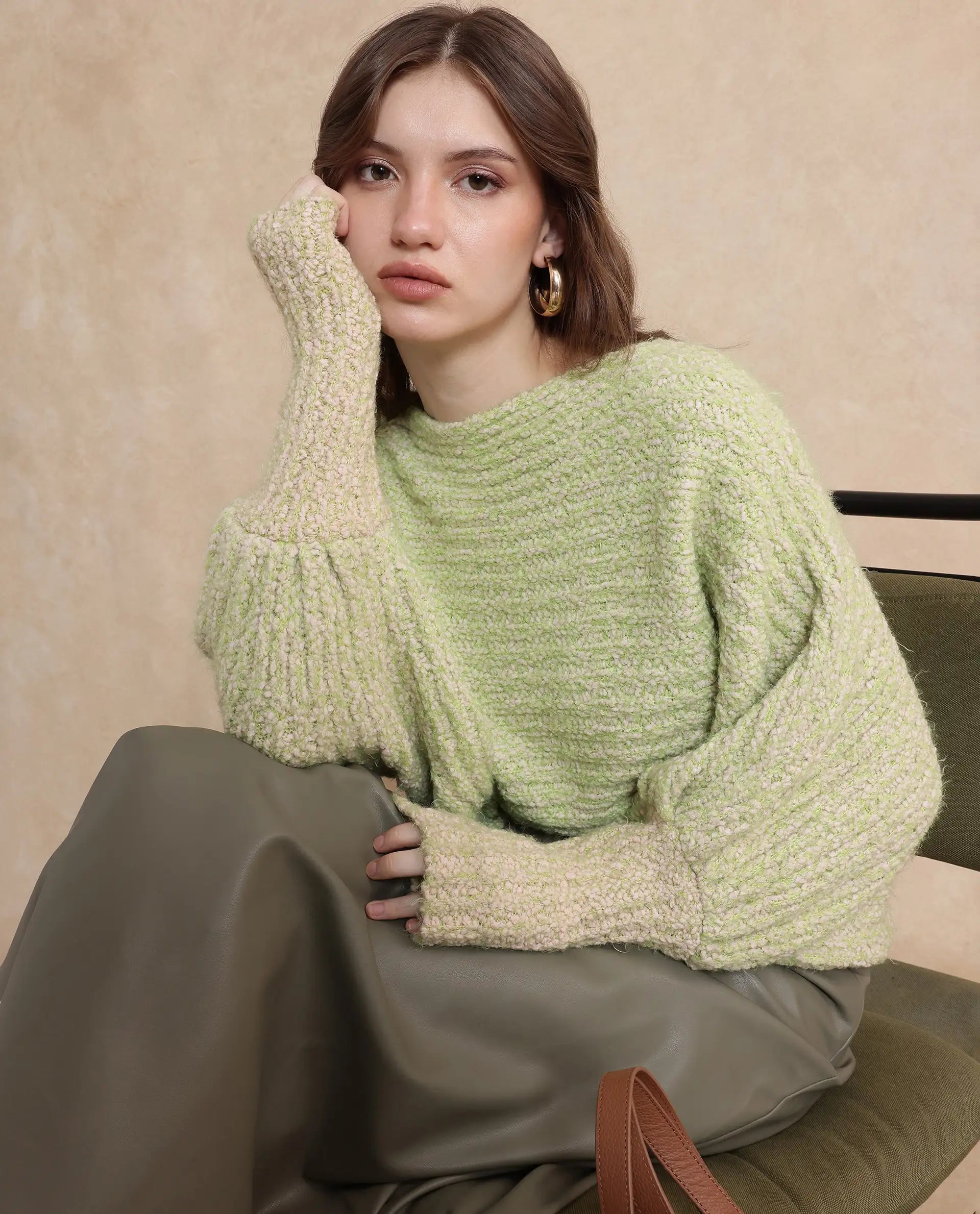 Rareism Women Taro Dusky Green Polyester Nylon Fabric Oversized Fit Plain Sweater