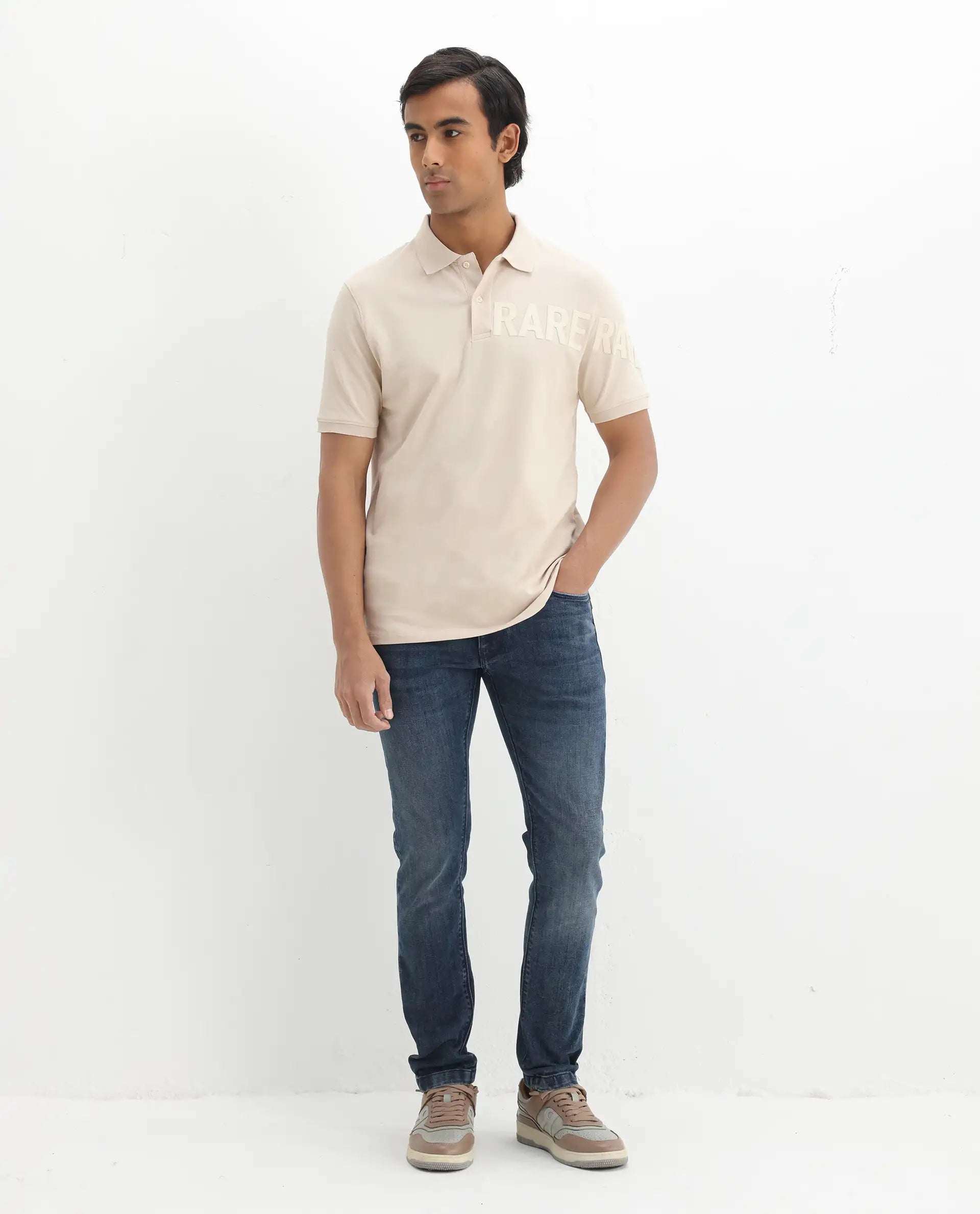 Rare Rabbit Men's Taro Light Beige Cotton Graphic Print Regular Fit Half Sleeve Polo